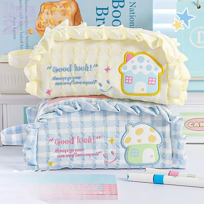 Kawaii Ruffle Plaid Pencil Case Large Capacity Mushroom House Embroidery Portable Handheld Stationery Pen Bag for Girls Students