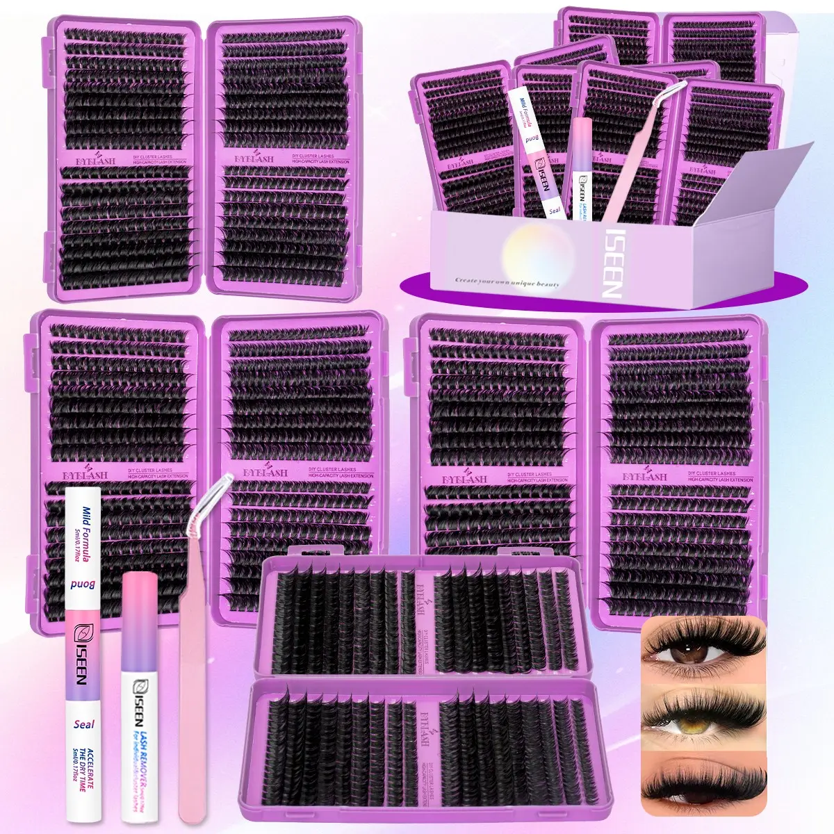 DIY Volume Lash Clusters Kit, D-Curl DIY Lash Extension Kit, Synthetic Eyelash Extensions with Bond, Glue, Seal, Remover and Tweezers, Eye Corner Eyelashes, DIY Eyelash Set