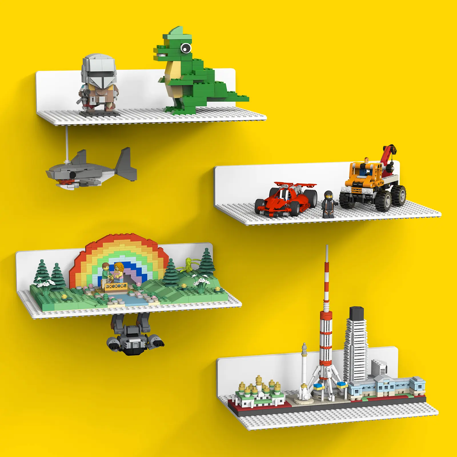 BlissBox Dual-Sided 4-Pack Large Display Shelves for Wall Compatible with Lego Building Bricks, 11.3x6.3inch  36x20 Studs for Minifigures Brick Display and Storage, for Medium & Large Brick Builds, White