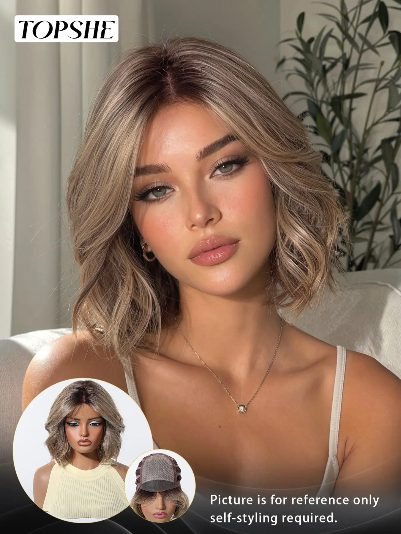 Topshe Hand Tied Mono Base Short Bob Wig, Dark Root Ash Brown Highlight Flip Out Loose Wave Bob, Breathable Mono Top Realistic Scalp, Glueless Wear & Go No Bleach, Tangle Free Heat Resistant Synthetic Hair, Synthetic Material Wigs