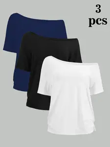 3 Packs Off Shoulder Short Sleeve Baggy Summer Streetwear Tees | Soft Stretchy Knit Fabric, Loose Casual Basic Tops For Daily Layering & Everyday Outfit