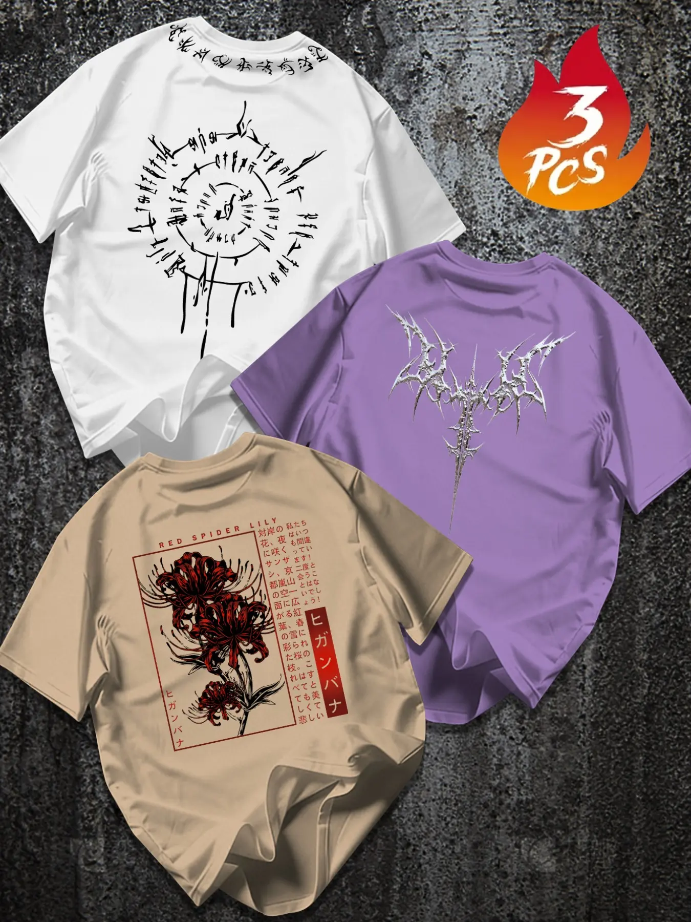 3-Pack Men's T-Shirts, Rune Array/hell Lily/bone Wing Prints, American Street Style, Loose-Fit, Casual, Daily Wear, Trendy Tops