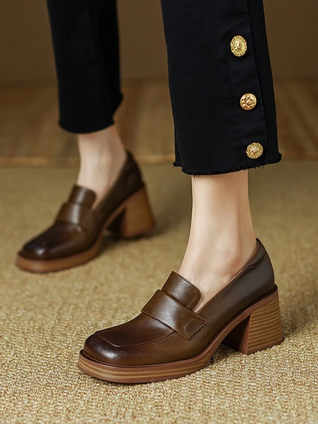 Spring New British Style Vintage Square Toe Chunky Heel Women's Single Shoe Deep Mouth High Heel Commuter Loafers
