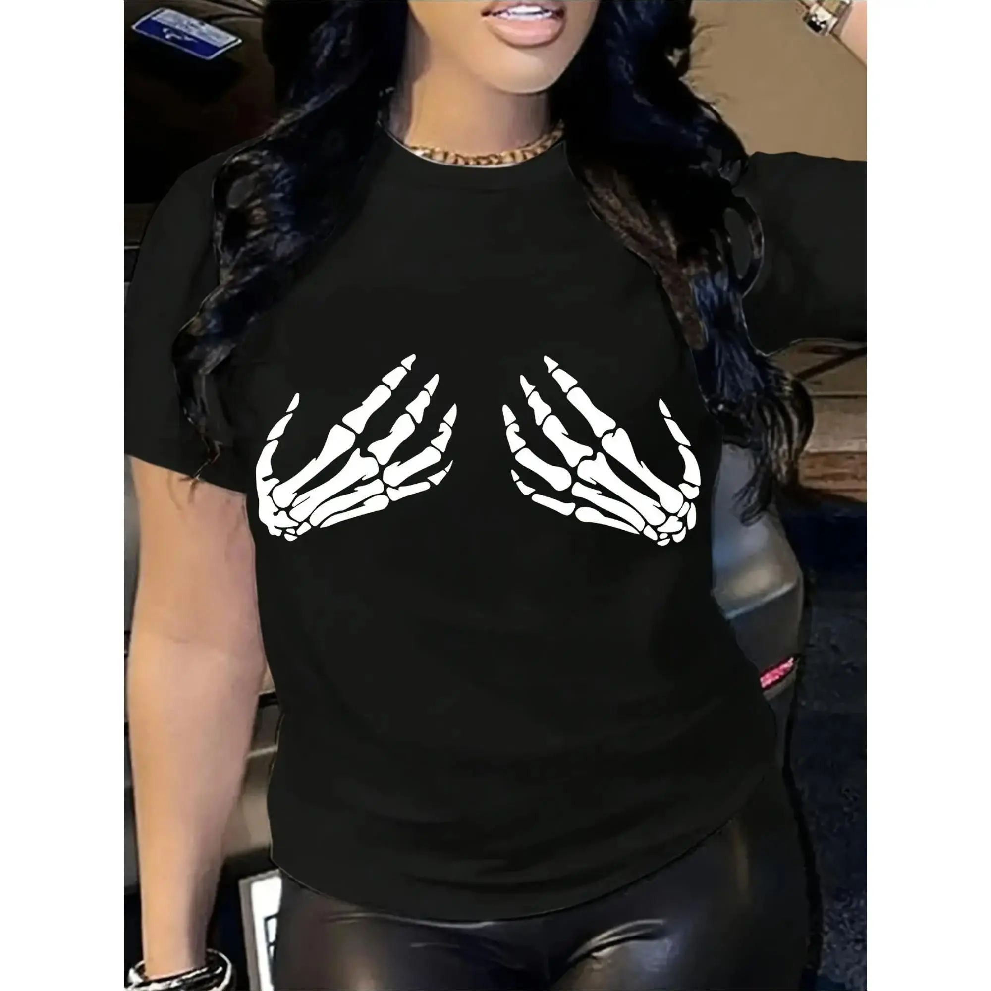 Women's Skeleton Hand Print T-Shirt Casual & Sporty Short Sleeve Round Neck Machine Washable Summer Fashion Tee in Black Printed Womenswear Casual Chic Streetwear Top