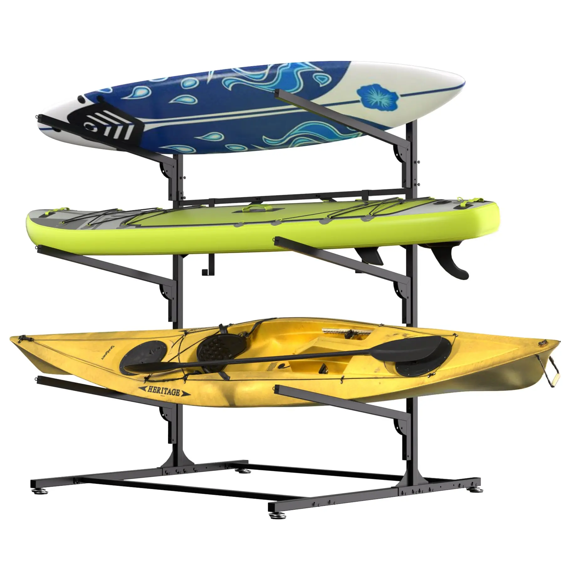 Heavy Duty Freestanding Kayak Rack (500LBS Capacity), 3/4-Tier Steel Canoe & SUP Storage Stand for Garage/Dock/Outdoor, Adjustable Carbon Steel Holder for Surfboards & Paddleboards, Space-Saving Watercraft Organizer, Rust-Resistant