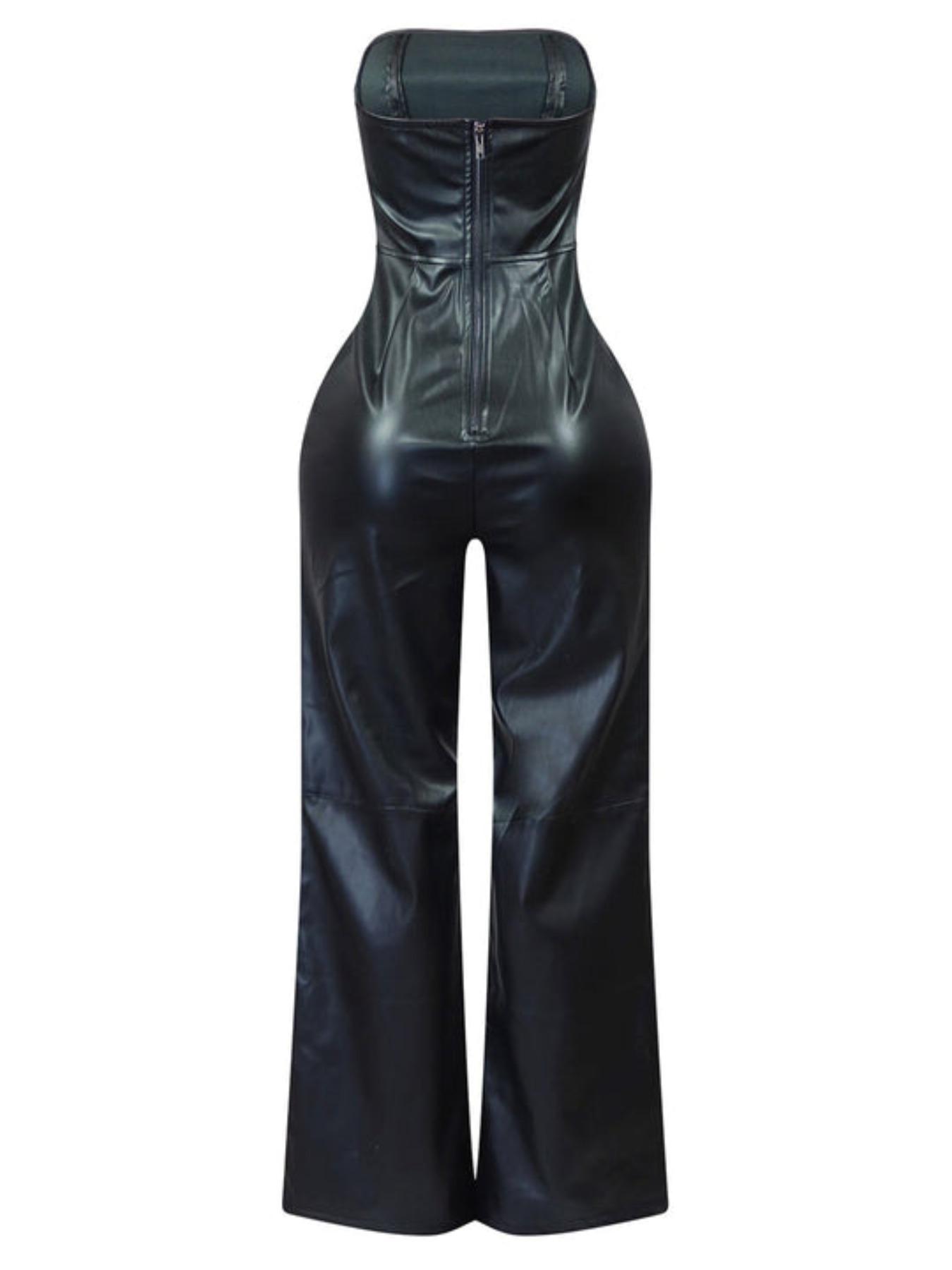Women’s PU Sexy Strapless Party Fitted Jumpsuit, Slim Fit Bold Straight-Leg Bodysuit for Night Out, Trendy Fashion for Women