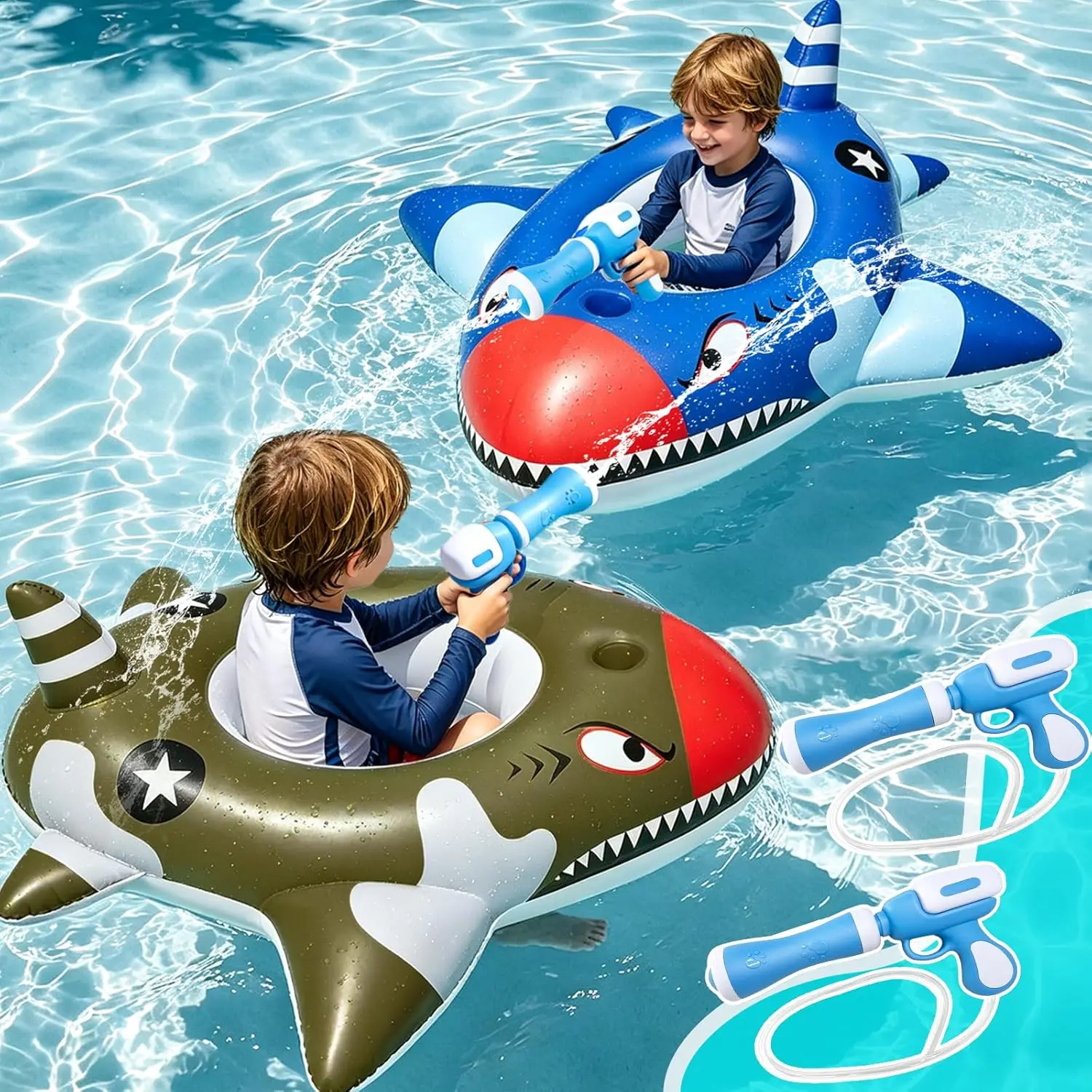 Inflatable Shark Pool Floats 2 Pack for Kids 3-11 Years, Floaties Swimming Pool Toys with 2 Water Squirt Guns, Ride-on Toddler Floatie with Safety Seat, Summer Outdoor Water Game