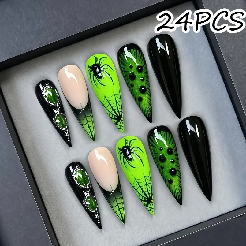 24Pcs Long Almond Press On Nails, Neon Green Black Gradient Hand Painted Spider & Spider Web Fake Nails, Gothic Cat Eye Resin Nail Tips, Reusable Removable Nails For Halloween Party, Gothic Photoshoot, Club Outfit & Nail Salon DIY Manicure