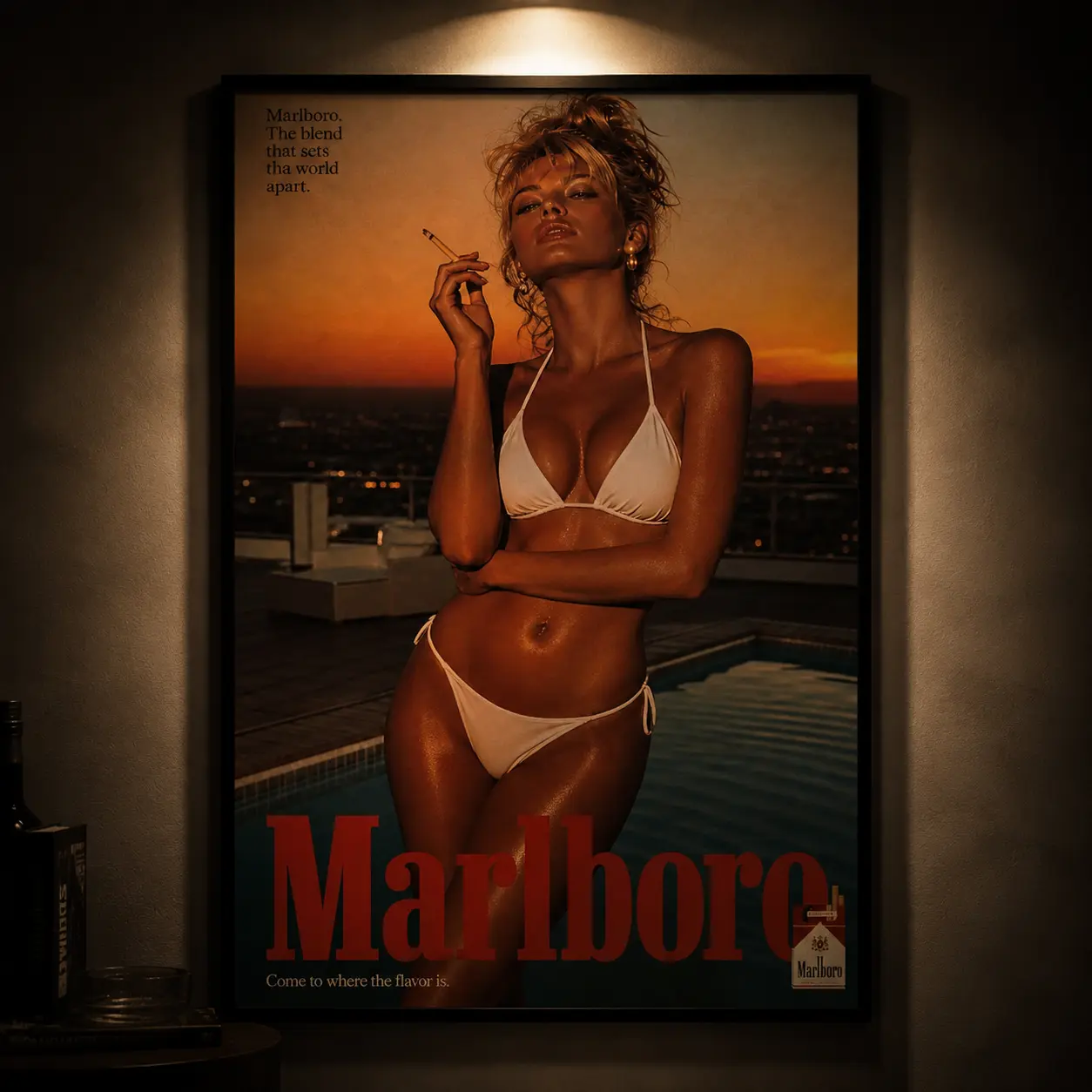 Vintage Marlboro Sunset Pool Bikini Woman Framed Canvas Print, Retro Classic Cigarette Advertisement Style Wall Art, Aesthetic Vintage Bar Decor, Retro Advertising Artwork for Man Cave Lounge Bedroom Apartment, Gift for Collectors