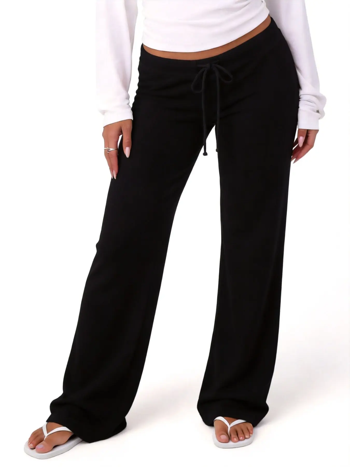 Women Black Low Waist Drawstring Flared Sweatpants, Y2K Low‑Rise Micro Bootcut Lounge Pants, Soft Stretchy Casual Trousers, Versatile Bottoms to Match Crop Tops for Daily Street Outfits, Streetwear