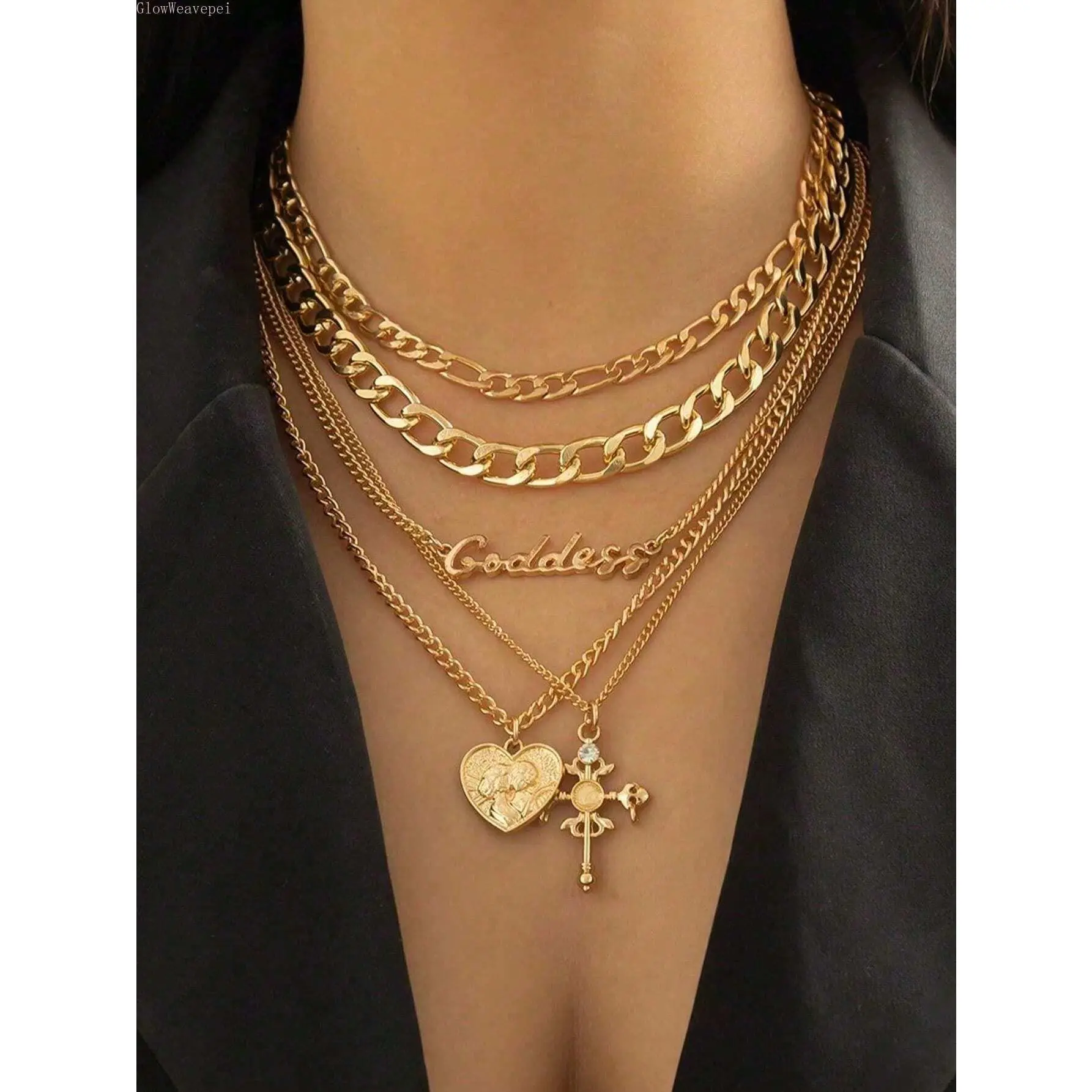 Women's 5-PCS Layered Gold Chain Necklace Set - Embossed Heart Medallion, Gothic Cross Pendant, Goddess Letter Charm, Stacked Choker for Daily Wear, Rhinestones Accent, Ideal Womens Gifts for Female Fashion Jewelry Lovers, Gold Necklace Women