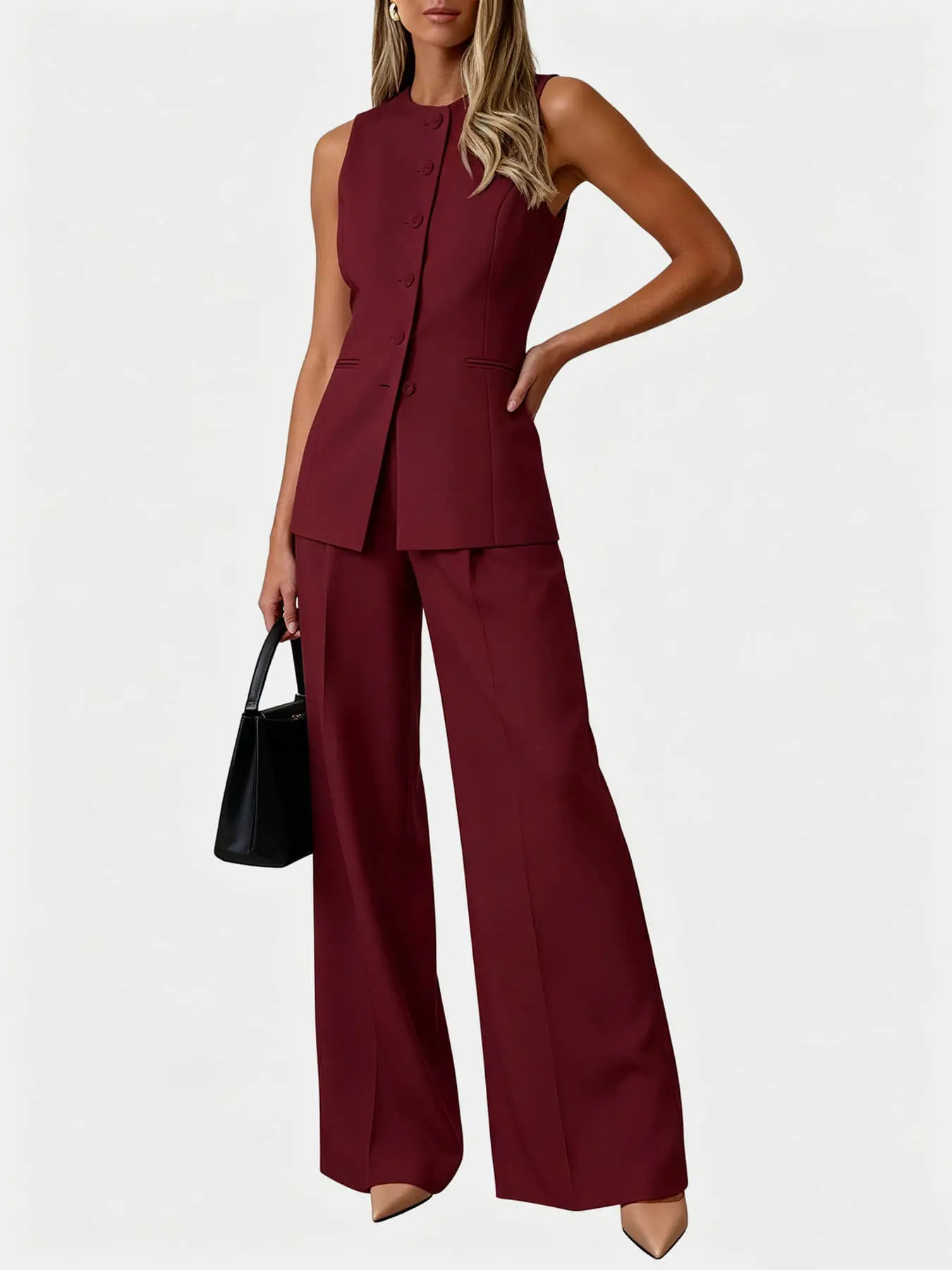 Two piece women's fashionable and high-end work commuting wide leg pants sleeveless suit set, sleeveless vest design, suitable for spring, suitable for light luxury store exploration, workplace presentation, light business date.