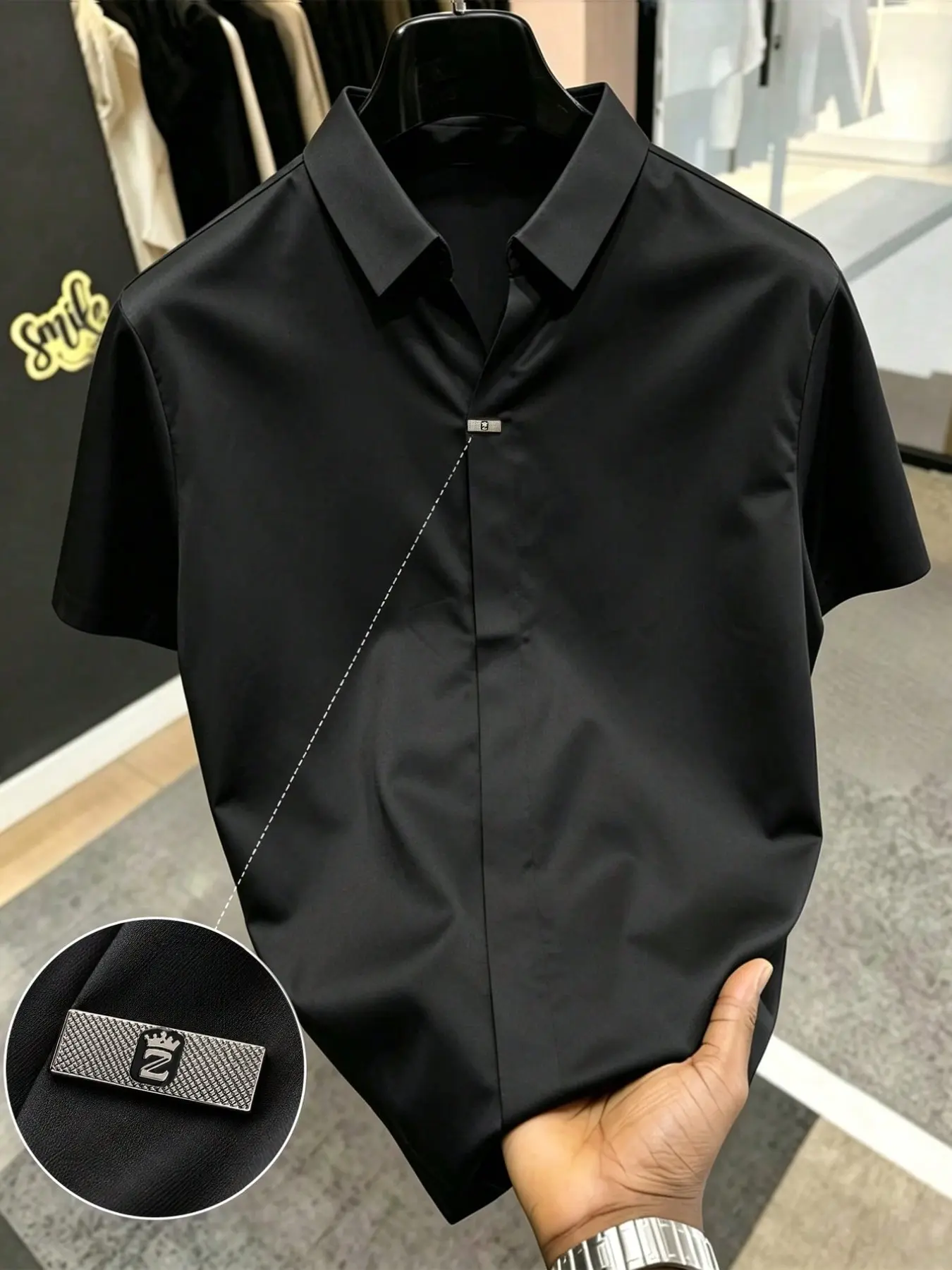 Men's Luxury Black Short Sleeve Button Down Shirt, Premium Casual Dress Shirt for Summer, Oversized Minimalist Style, Korean Fashion Streetwear Top, Business Casual Shirt for Men, Quiet Luxury Trend
