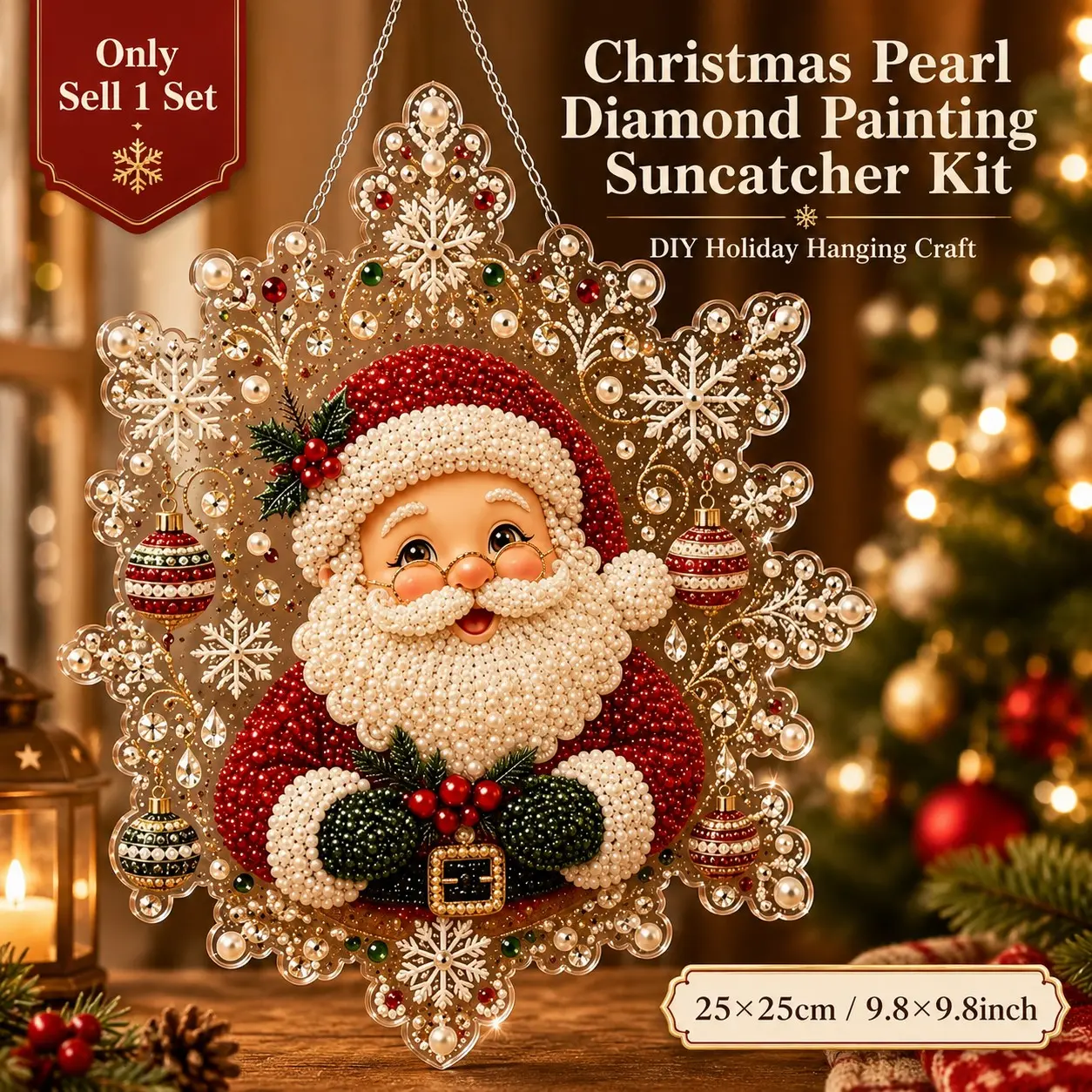 1 Set Christmas Pearl Diamond Painting Suncatcher Kit, DIY Beaded Hanging Ornament Craft With Acrylic Board, Lace Edge Design, Mixed Size Pearl Beads And Metal Chain For Holiday Window Wall Home Decor Adults Beginners
