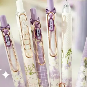 4-Pack Floral Push-Button Neutral Pens, 0.5mm Ink, Cute Design, Ideal for Women and Students, Office and Study Supplies