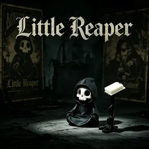 Collectible Figurine of 5 Cute Grim Reaper Reading, Sitting on a Side Table, 2.68inch in Black And White PLA. A Gothic Literary Desktop Decoration, an Ideal Unique Gift for Book Lovers During Halloweenl