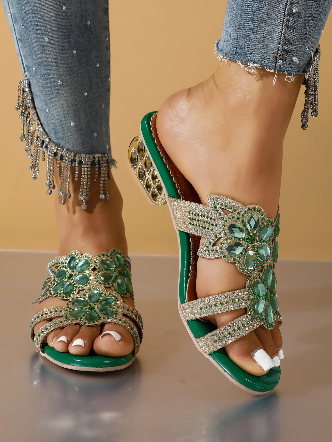 Summer High Heel Fashion Women Boho Sandals, Sexy Thick Heel Slip-On Shoes, French Style Open Toe, Pearl Crystal High Heel Wedges