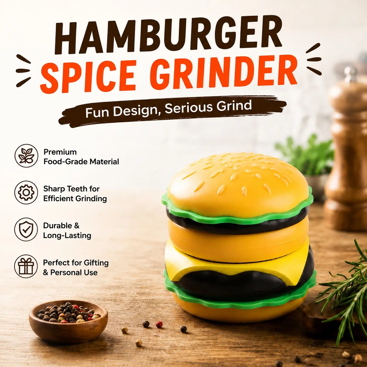 1Pc Hamburger Spice Grinder - Fun Novelty Manual Seasoning and Dried Herb Hand Crusher for Kitchen Tabletop, Unique Burger Shaped Desktop Deco & Conversation Starter Gadget, Compact 2.5 Inch
