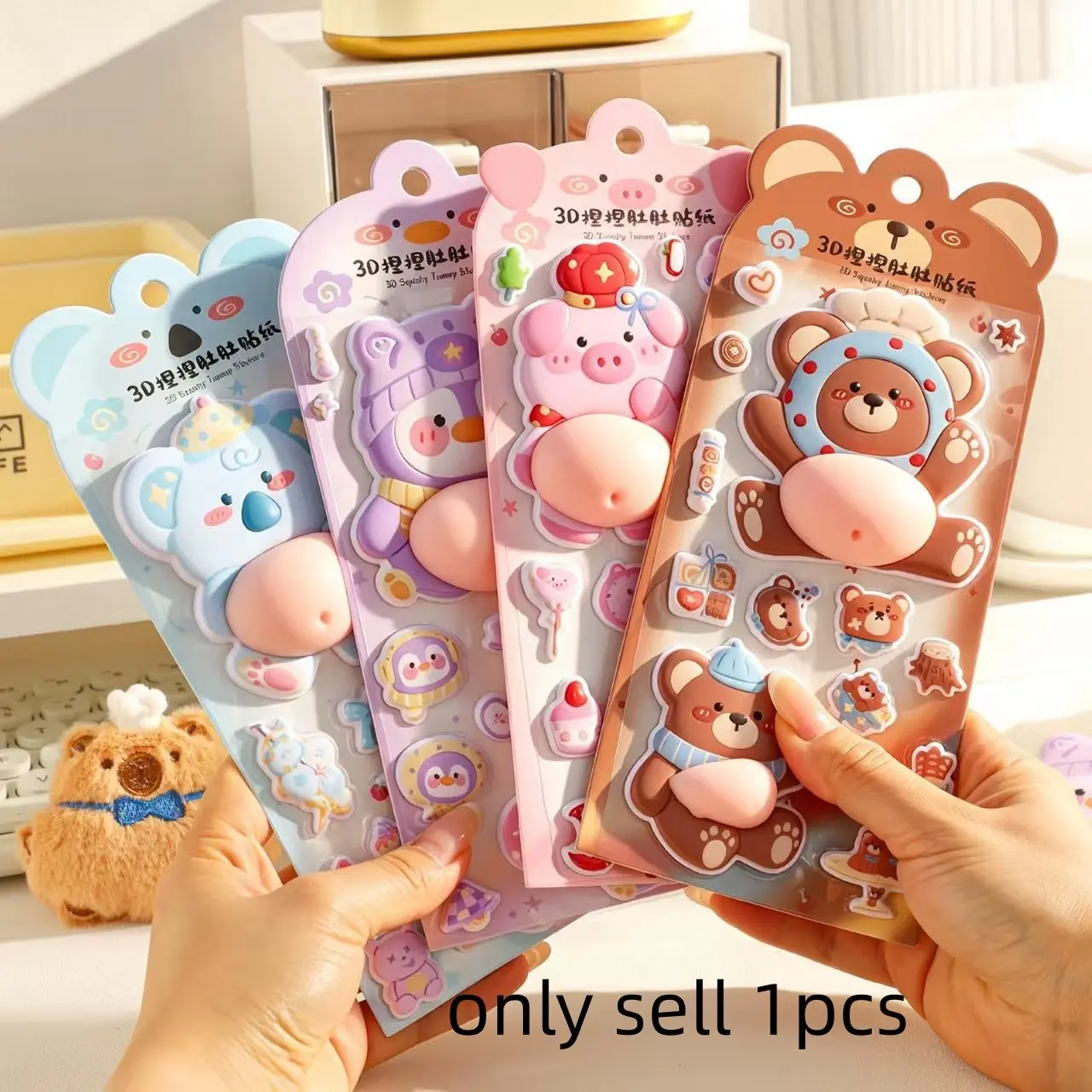 3D Press-and-Stick Belly Sticker Cartoon Animals Stress-Relief Squeeze Toys Decompression Sensory Fidget DIY Decorative Stickers Toy