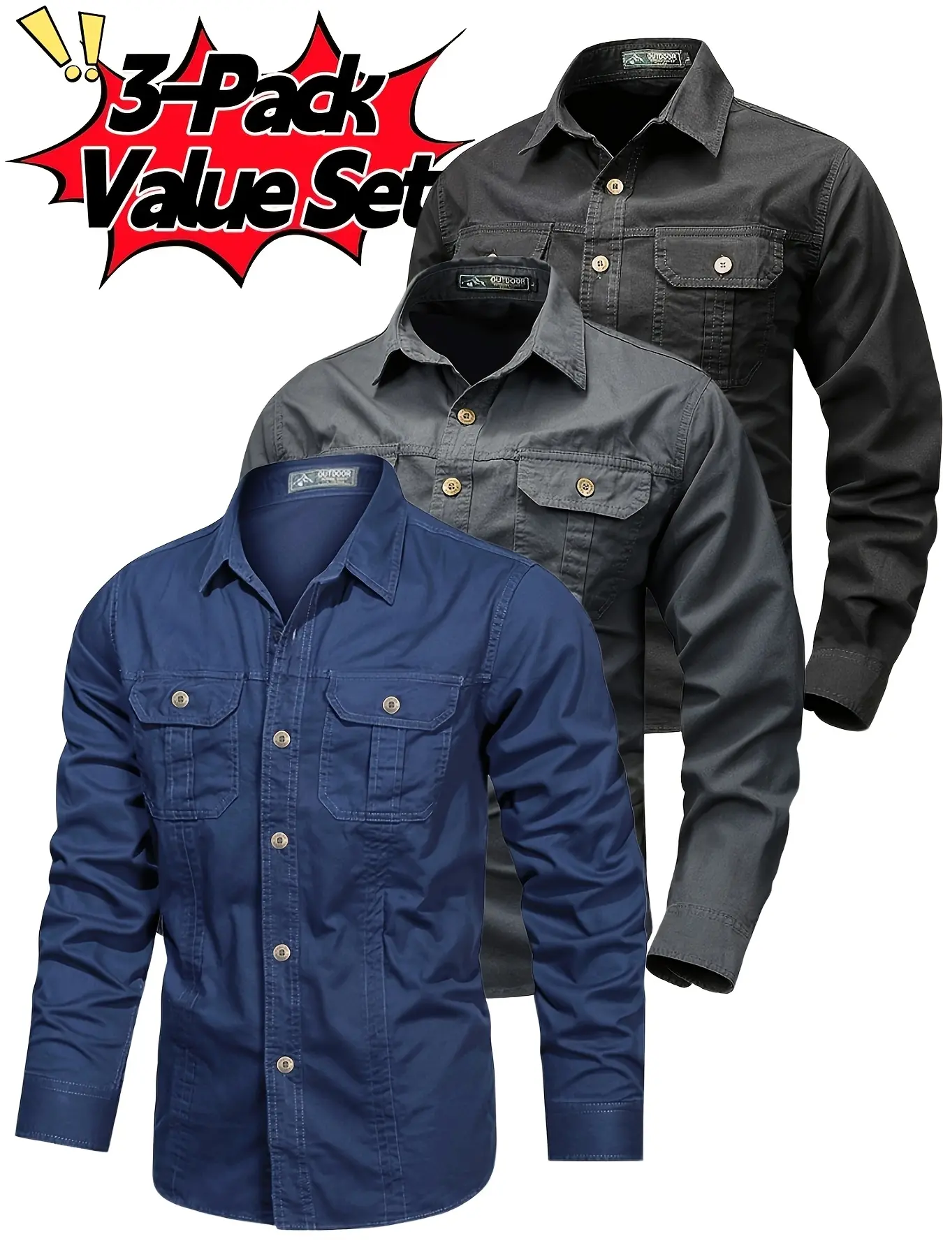 3-Pack 3pcs 3counts Long Sleeve Shirt for Men, Casual Slim-Fit Woven Fabric, Multi-Pocket Design, All-Season Outdoor Wear, Plain Pattern