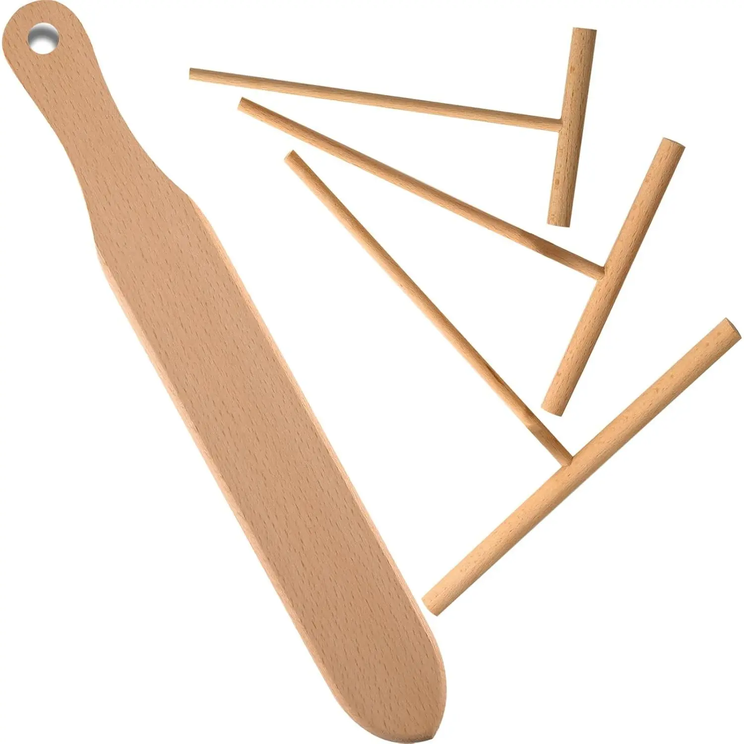 Crepe Spreader and Spatula Set, Includes 1 count 13.4" Pancake Turner with 3 count (3.5", 5", 7") T-Shaped Roti & Mix Batter Spreader Sticks, Fit for Any Size Pan Maker, Wooden Crepe Tools Kit