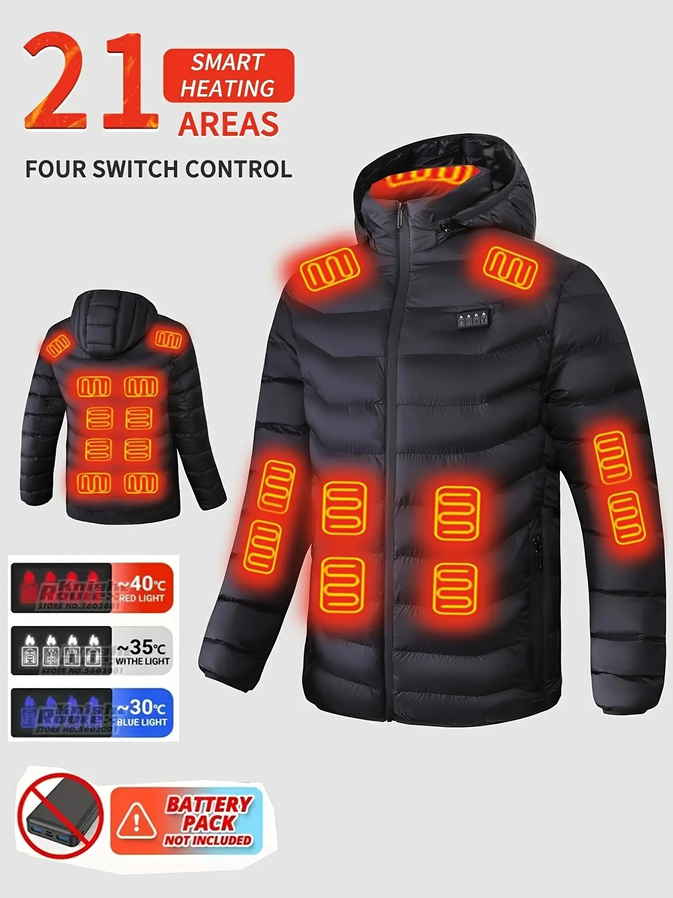 Heated Hooded Jacket for Men and Women, USB Electric Coat, Four-Tier Switch Control, Lightweight Warm Outerwear for Winter Activities