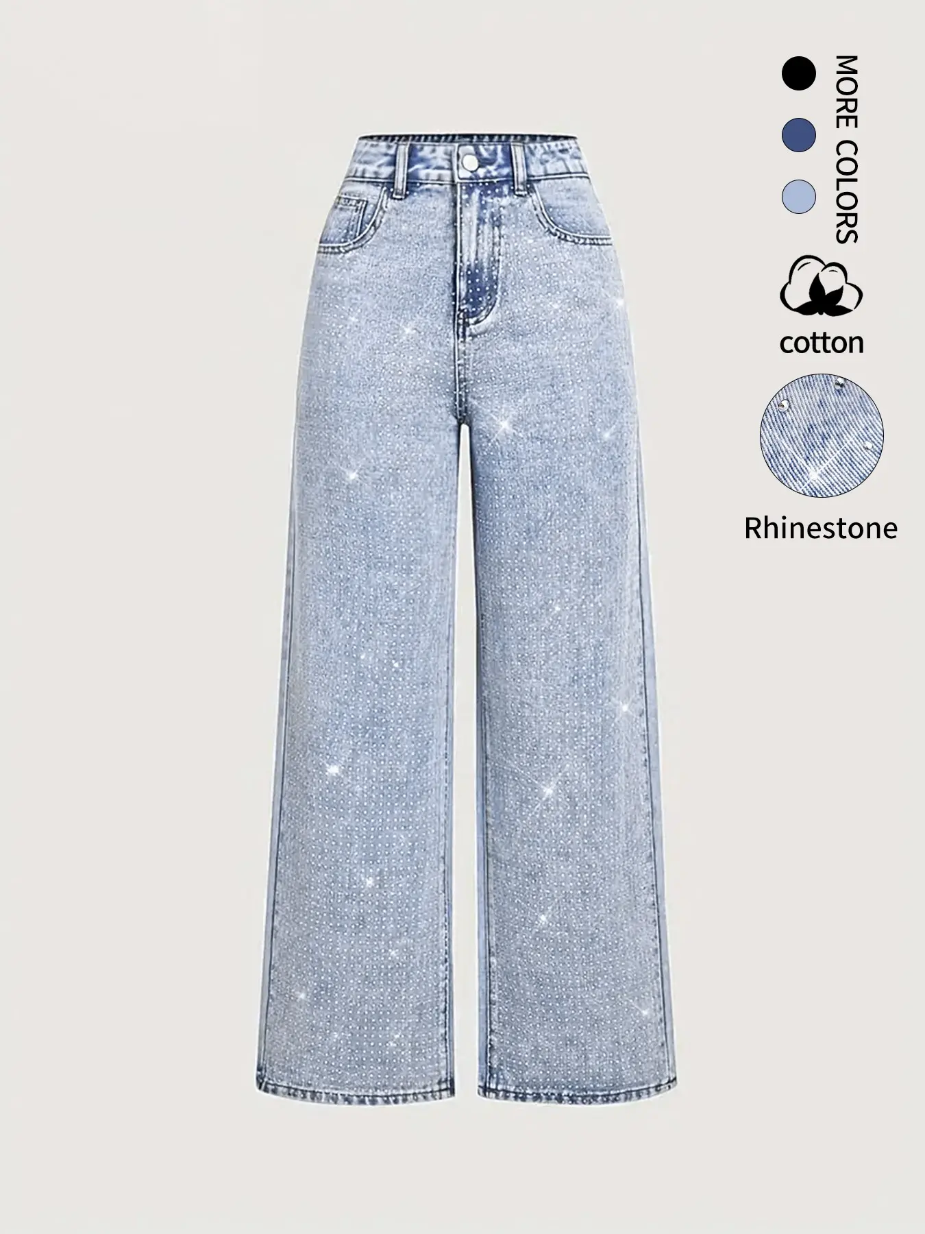 Y2K Light Blue Washed Full Rhinestone Oversized Wide Leg Jeans, Trendy Millennial Bright Rhinestone Micro Flare Jeans, Casual Street Fashion High Waist Loose Jeans