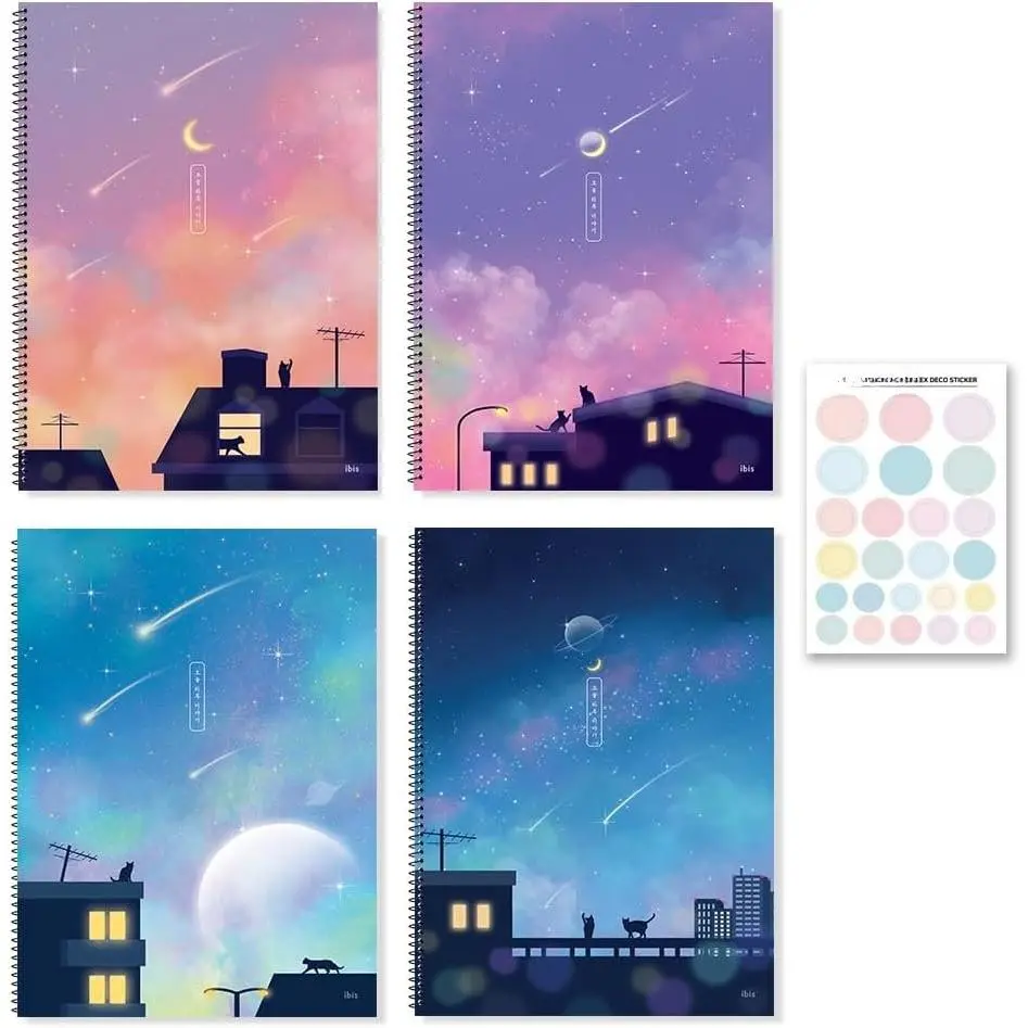 Korean Aesthetic Spiral Notebook Set, 4 Pack, Cute Scenery Design, Lined | 80gsm lined paper with fabric-textured covers and spiral binding for journaling, notes, planning, and daily writing