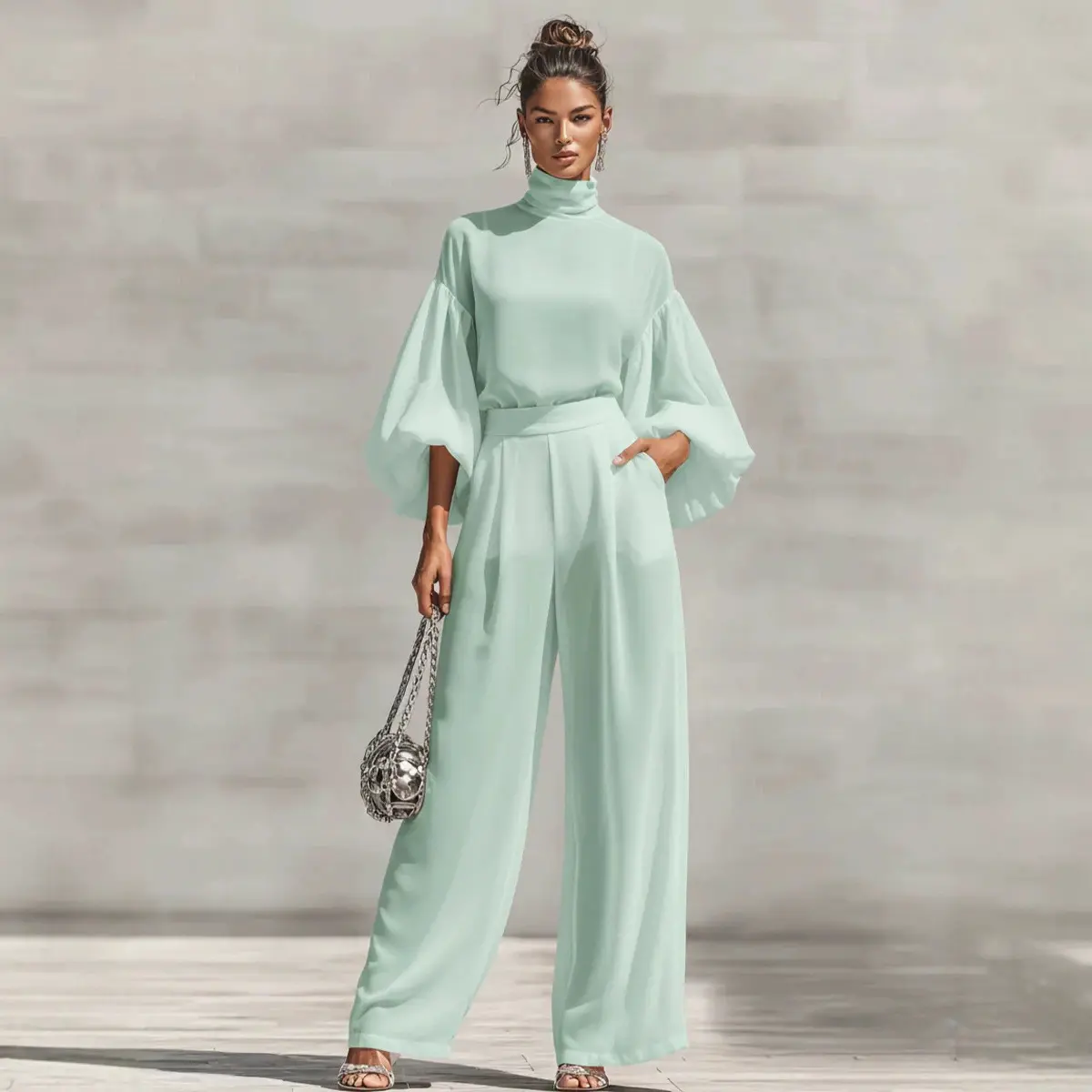 Fashionable and elegant chiffon suit, solid color stand-up collar with puff sleeves + high-waisted draped wide-leg pants two-piece set