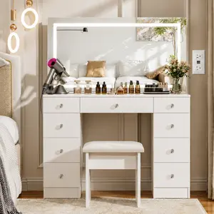 Makeup Vanity Desk Table with Lighted Mirror,Power Outlet and 9 Drawers,Come with Soft Cushioned Stool