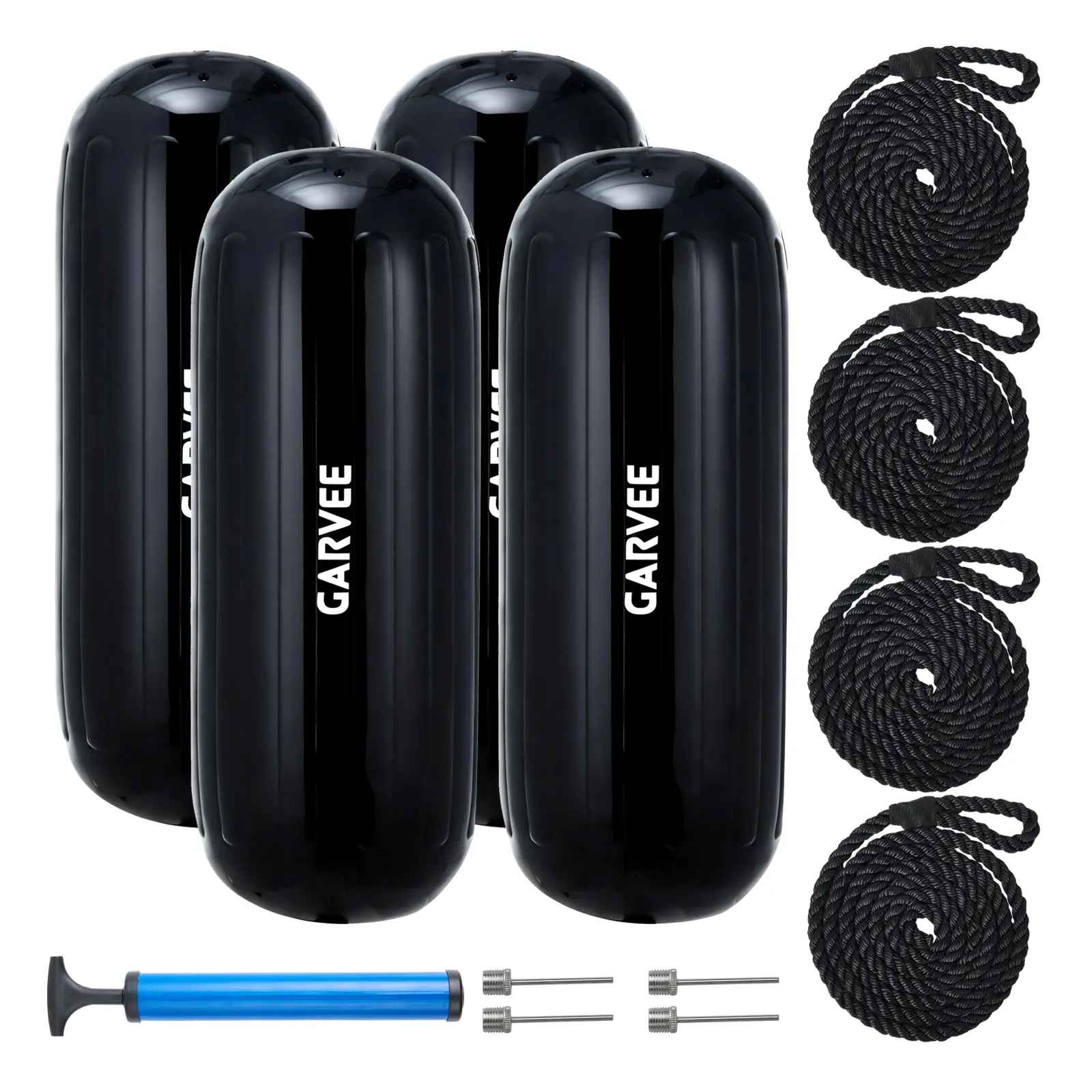 4PC Inflatable Boat Fenders – Marine Dock Bumpers Set – PVC Construction – UV Resistant – Includes Ropes & Pump