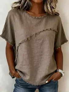 Women's Round Neck Casual Ruffled Trim Baggy Loose Short Sleeve Top Basic T-Shirt, Comfortable and Stylish Summer Wear, Perfect for Everyday