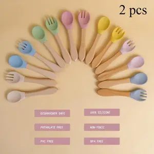 2pcs Fork And Spork Set, Bamboo And Silicone Utensils, Self Feeding, Christmas, Thanksgiving, And New Year Gift