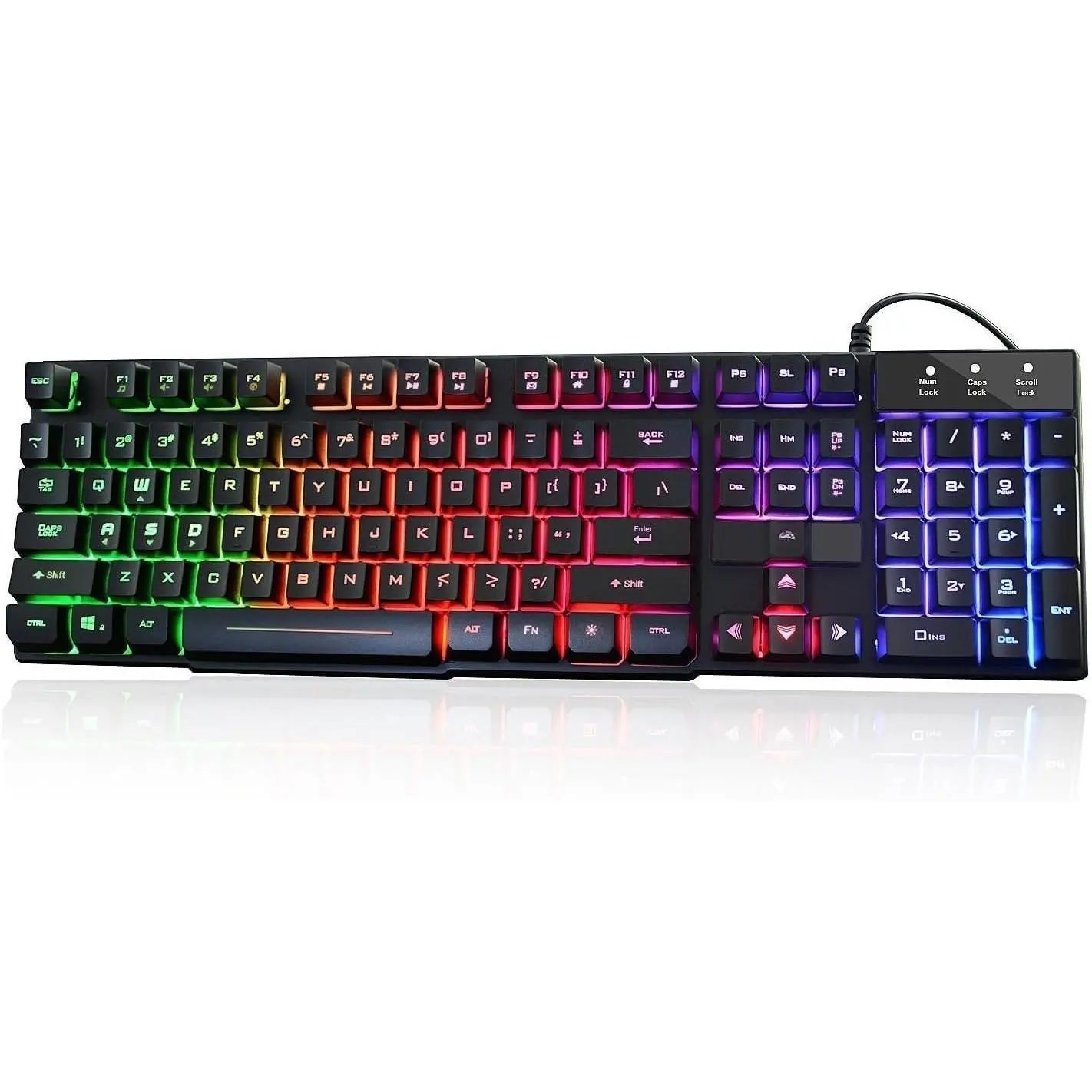 RK100+ Full-Size Rainbow Lights Mechanical Feeling Keyboard, USB Wired Multimedia Keyboard for Gaming & Office, Compatible with Desktop PCs & Multi-Platform Devices