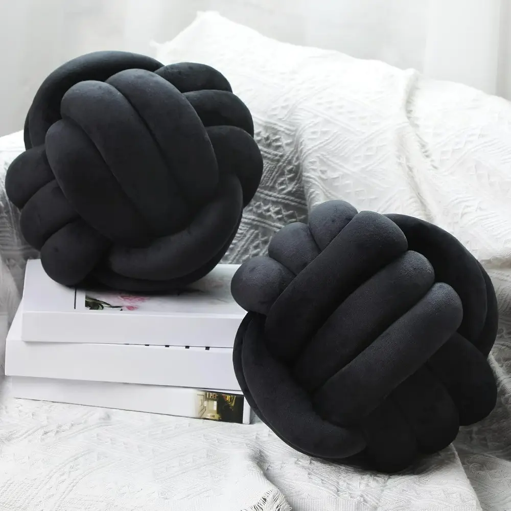2-piece set of ball pillows decorated with round throw pillows for aesthetic filling, used to relieve stress on beds, sofas, and bedroom decorations (black)