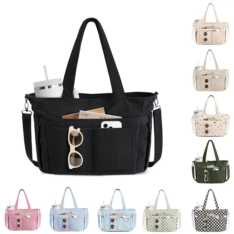 Feihong Cross-Border Plaid Corduroy Tote Bag - Spacious, High-Aesthetic, Casual Portable Shoulder Bag for Travel