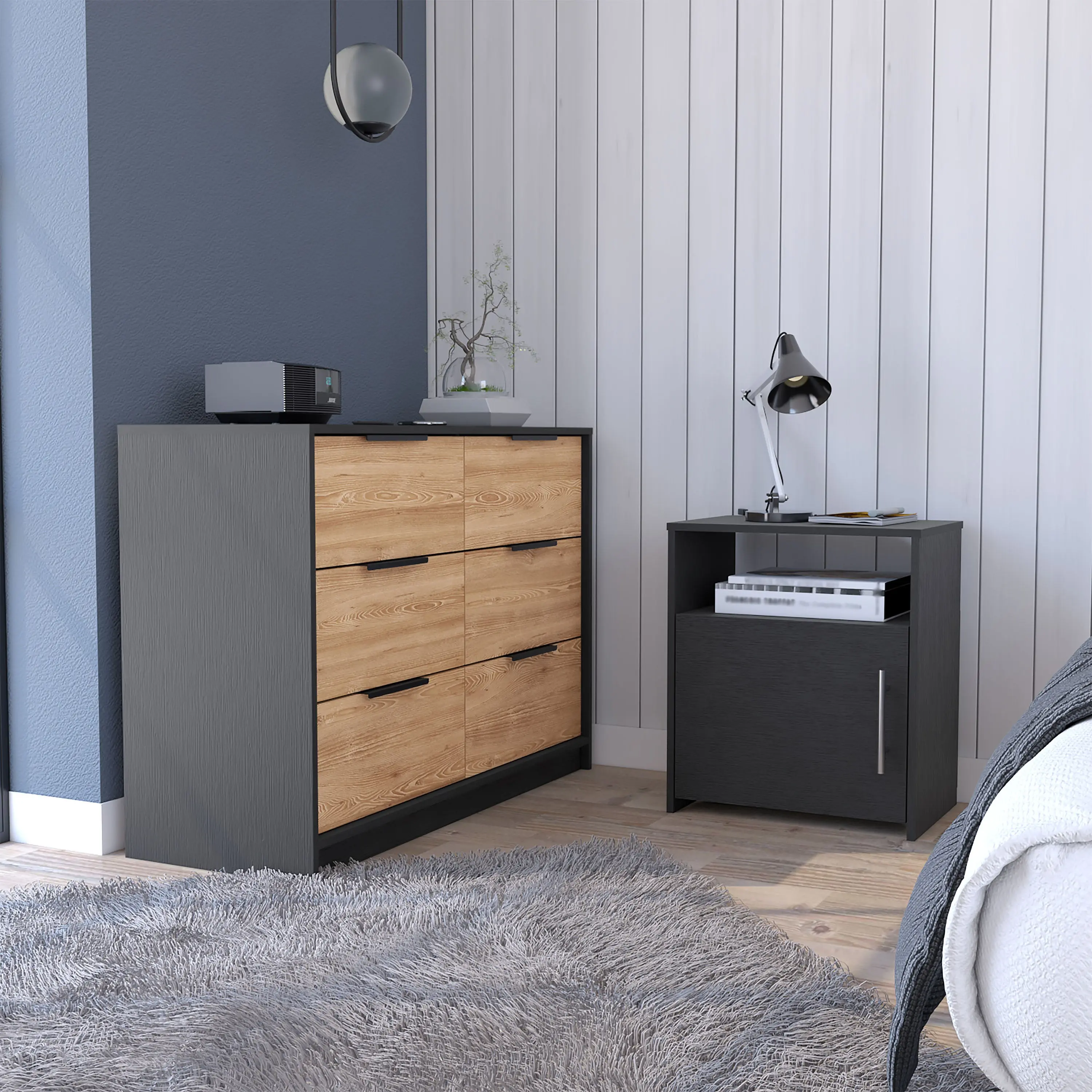 Nokaa 2-Piece Bedroom Set with 4-Drawer Dresser and Nightstand, Black Particle Board, Ready-to-Assemble with Interlocking System and Pre-Drilled Holes, Compact Bedroom Storage Combo