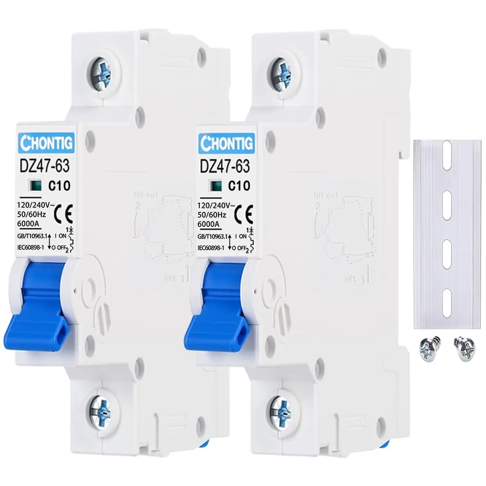 MCB C10 10A Miniature 1 Pole Circuit Breaker 2 Pack with DIN Rail Mount, 120V/240V AC Protection for Solar Panels, RV Power Center, Home Electrical Systems