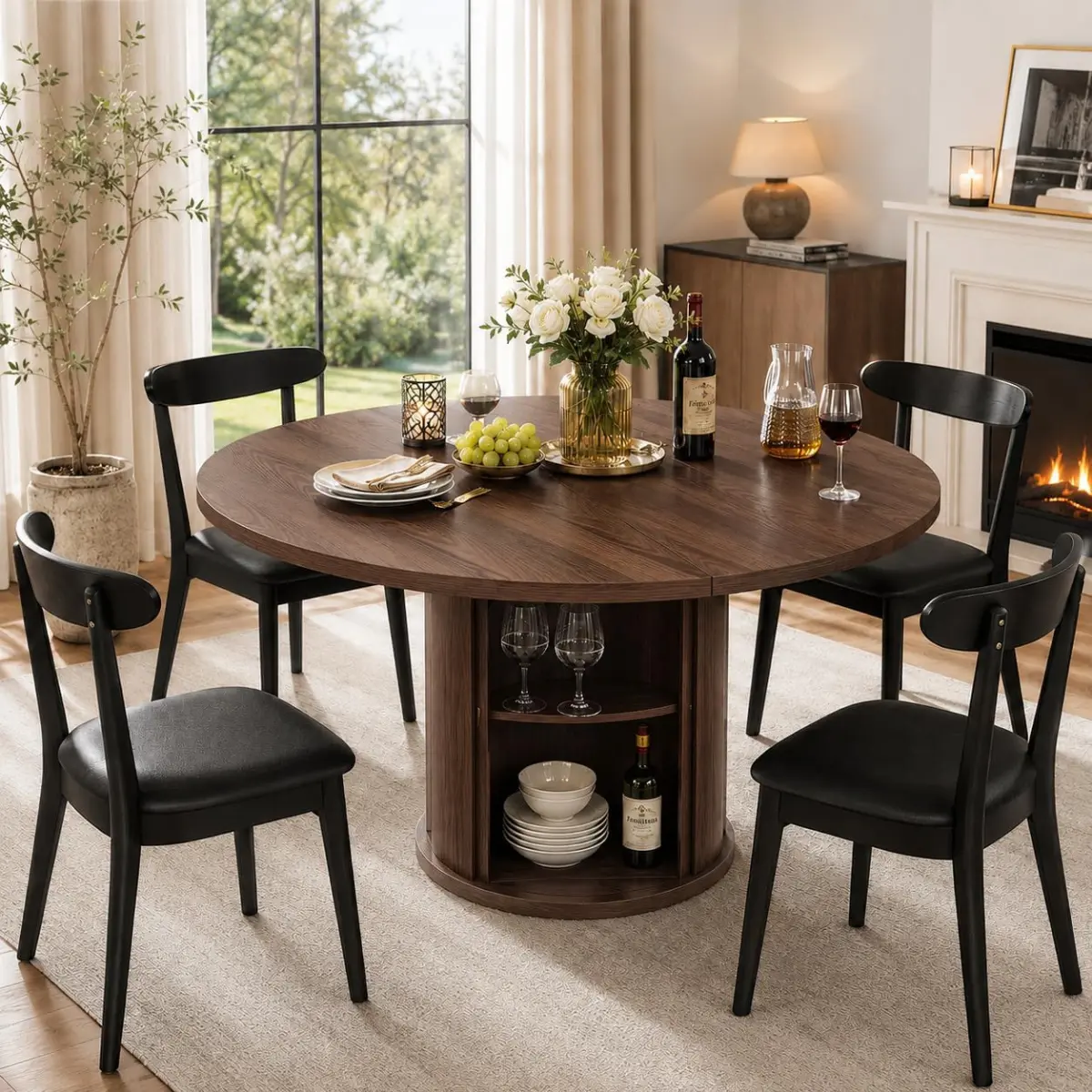 Extendable Round Dining Table for 4-8, 47" Modern Kitchen Oval Dinner Table with Storage Pedestal, Wood Grain Tabletop Pedestal Table with Adjustable Shelf, Space Saving Contemporary Apartment Furniture