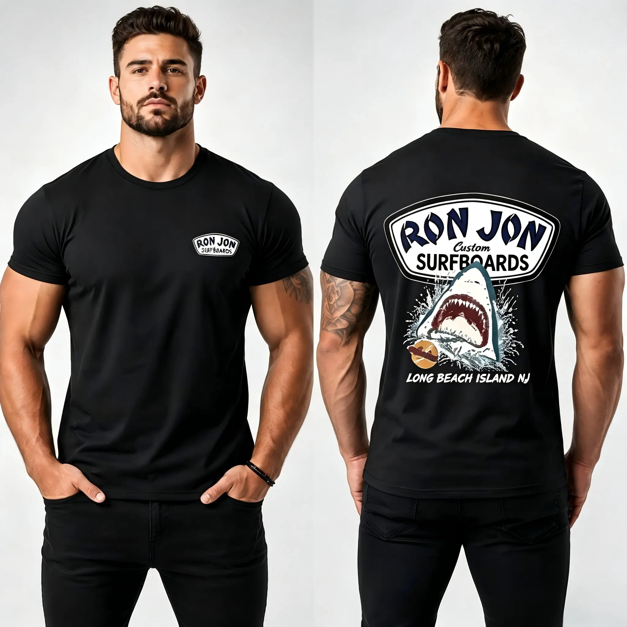 Ron Jon Surfboards Retro Shark Jaw Coastal Art Double Side Print Casual Beach Friend Group Gathering Outfit For Surf Collectors Summer Vacation Gift Tee Vintage Surf Top surf lover gift tee retro shark top beach surfing clothing