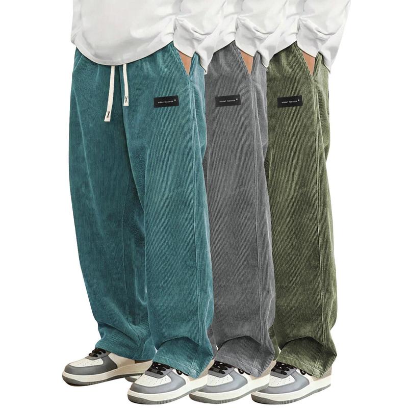 Men's Plus Size 3-Pack Corduroy Blend Joggers - Retro Look Ribbed Texture, Loose Wide Leg, Adjustable Elastic Drawstring Waist, Breathable Year Round Casual Trousers for Daily Commuting, Street Style (Black, Brown, Blue)