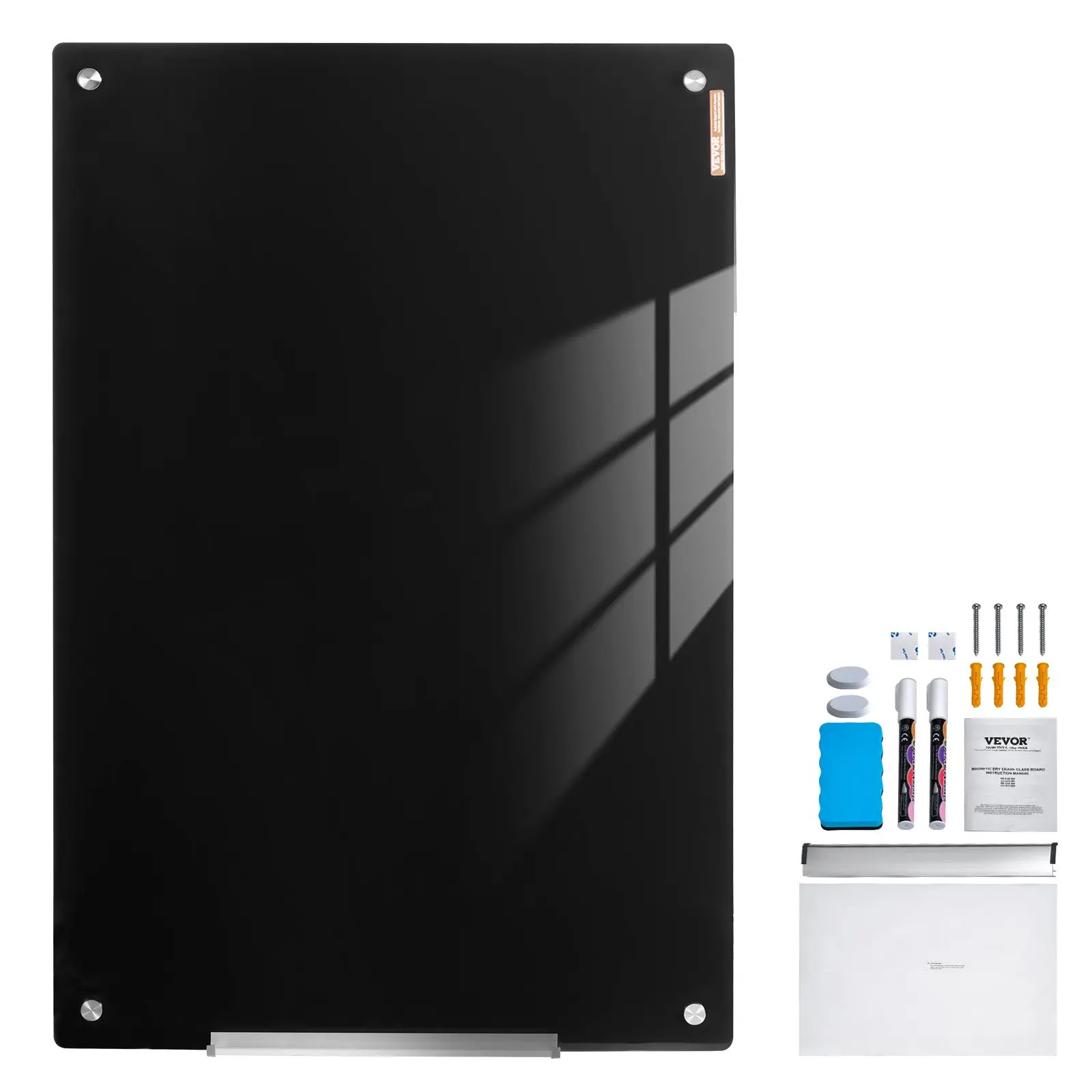 【DealsForYouDays】VEVOR Tempered Magnetic Glass Whiteboard, 36"x24" Wall-Mounted Frameless Dry Erase Board, with Marker Tray, Eraser and 2 Markers, Black (Strong Magnetic Force), Tempered Glass