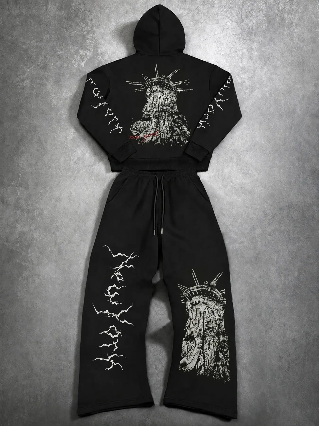 Men's Fall Winter Streetwear Sweatshirt Set, Casual Matching Sets, Statue of Liberty Print Hoodie + Loose Fit Pants, Casual for Skateboarding & Daily Wear