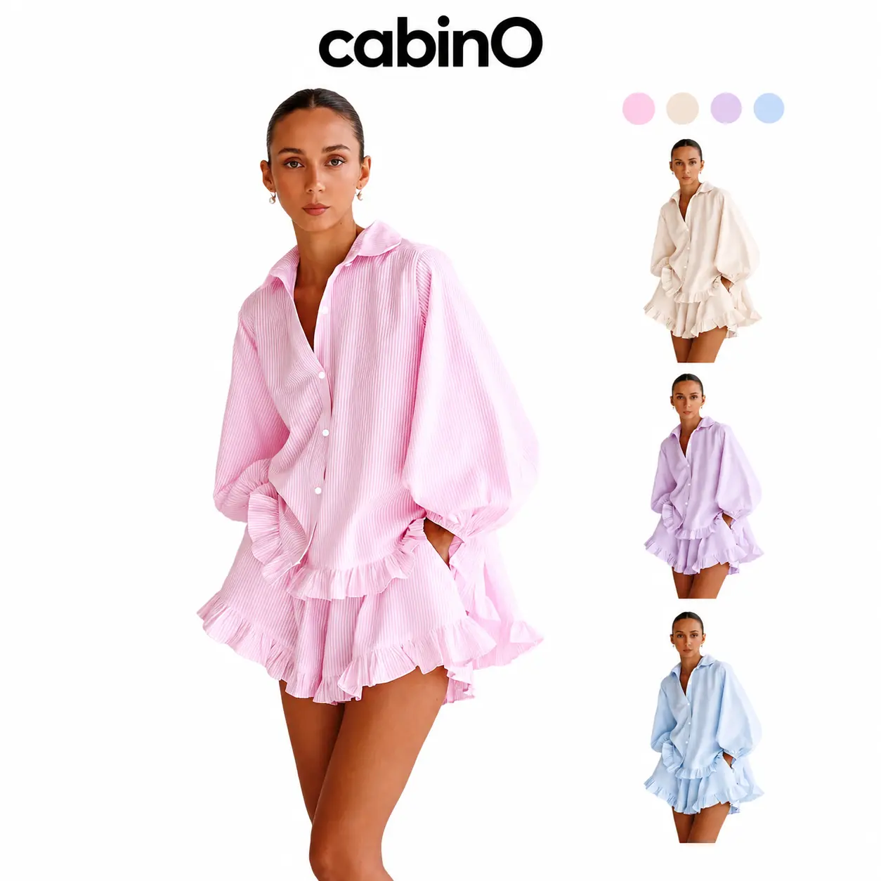 Cabino Women’s Pink Striped Two-Piece Shorts Set, Long Balloon-Sleeve Button-Down Ruffle-Hem Shirt and Matching Ruffled Shorts Outfit for Summer Vacation, Beach Resort, Travel and Casual Wear