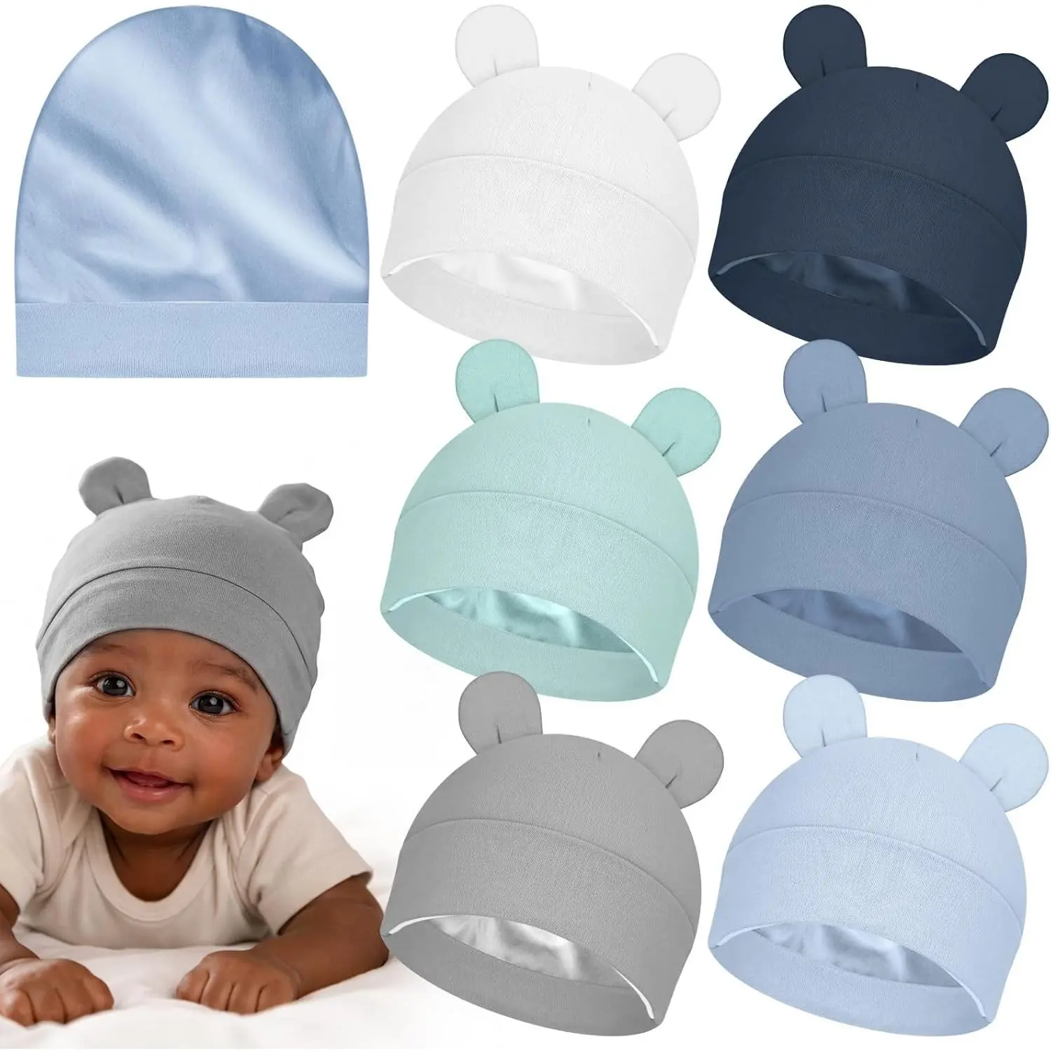 Unisex 6-Pcs Satin-Lined Baby Hats - Soft Silk Bonnet Beanies for 0-6 Months Infants, Cute & Classic Colors, Affordable Prices, Easy Support, Cute Colors