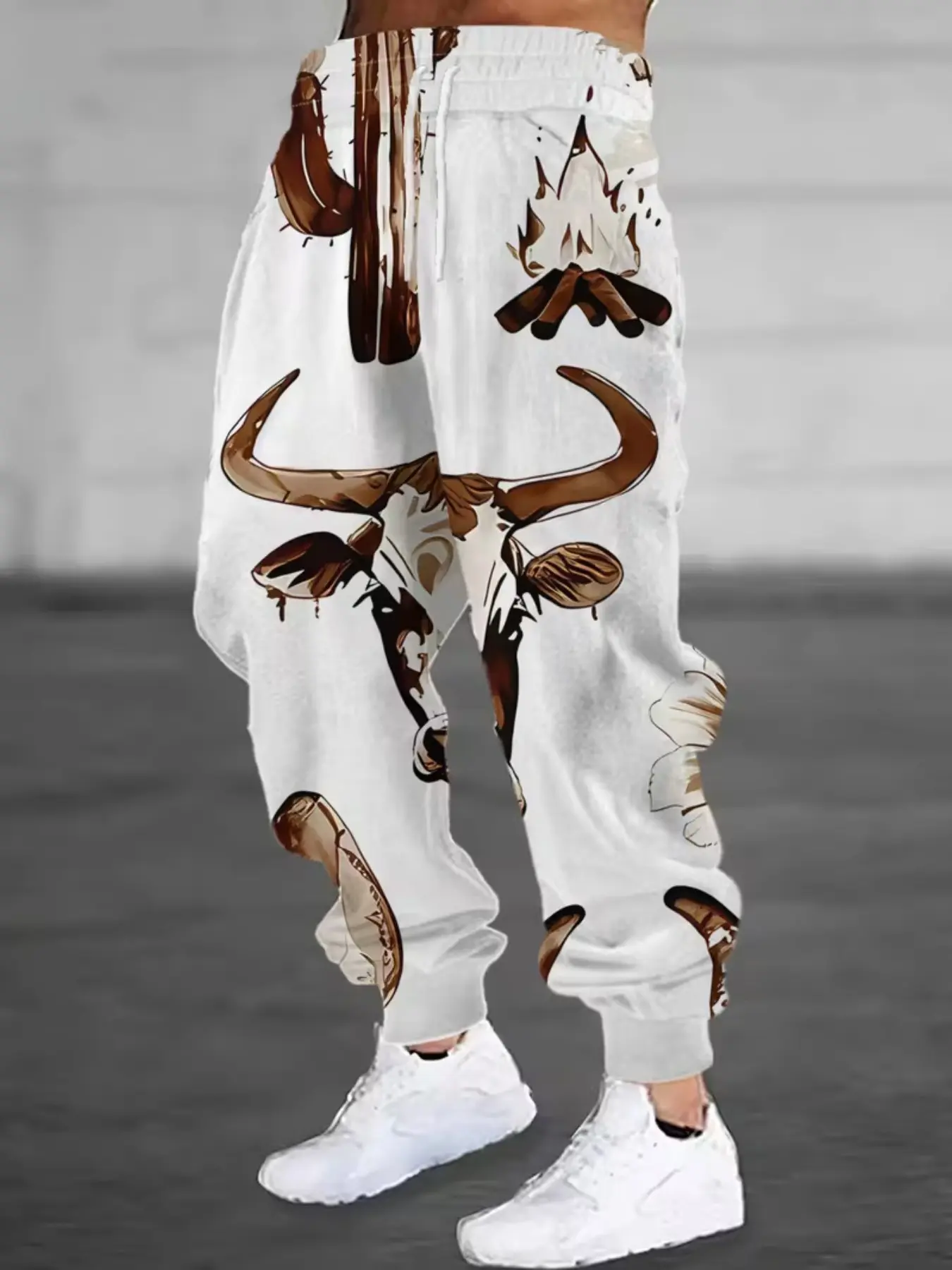 Men's Digital Print Sweatpants, Western Style Cactus Cow Head Floral Design, Casual Fitness Jogging Pants, Breathable