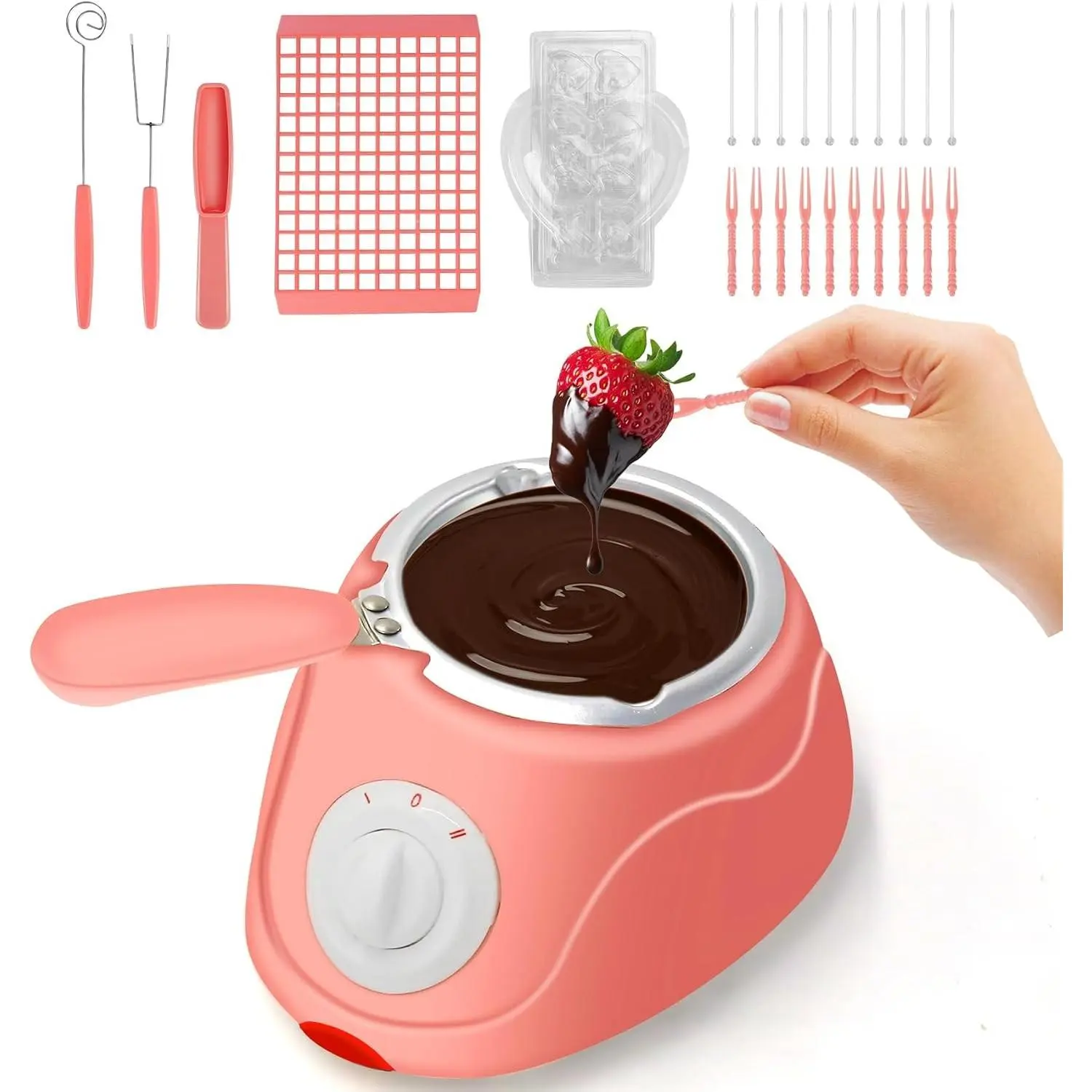 Compact 8.45oz Mini Electric Melting Fondue Pot - Chocolate Melter Warmer Set for Milk Chocolate, Cheese, Butter, Pink Home Supplies