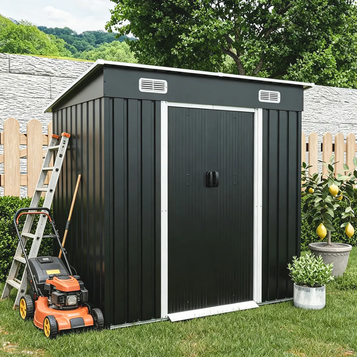6x4ft Metal Storage Shed, Sliding‑Door Outdoor Storage Building with Ventilation Vents & Threshold,Galvanized Steel Shed for Garden, Yard(6.43*4 FT)