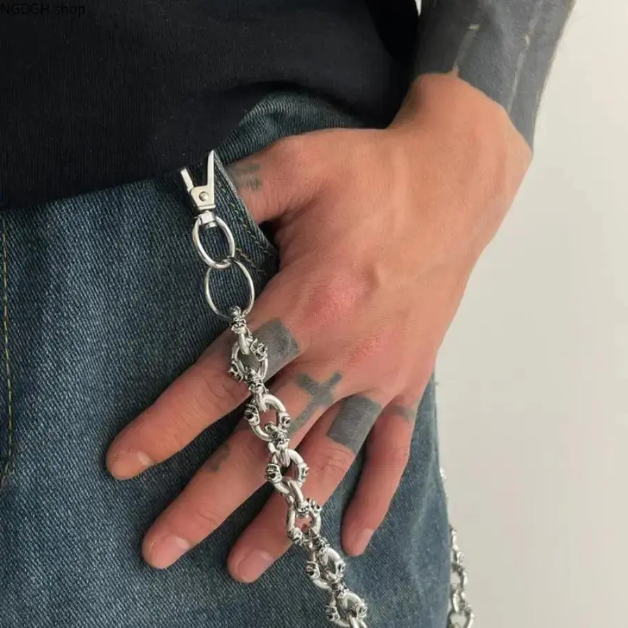 Skull Wallet Chain Men - Trendy Punk Rock Silver Skull Link Chain, Heavy Duty 56cm Durable Metal Clip Design, Edgy Streetwear Statement Piece Perfect for Jeans Daily Casual Outfits Biker Style & Concert Looks, Chain Link Straps Men's Wallets, Metal Chain