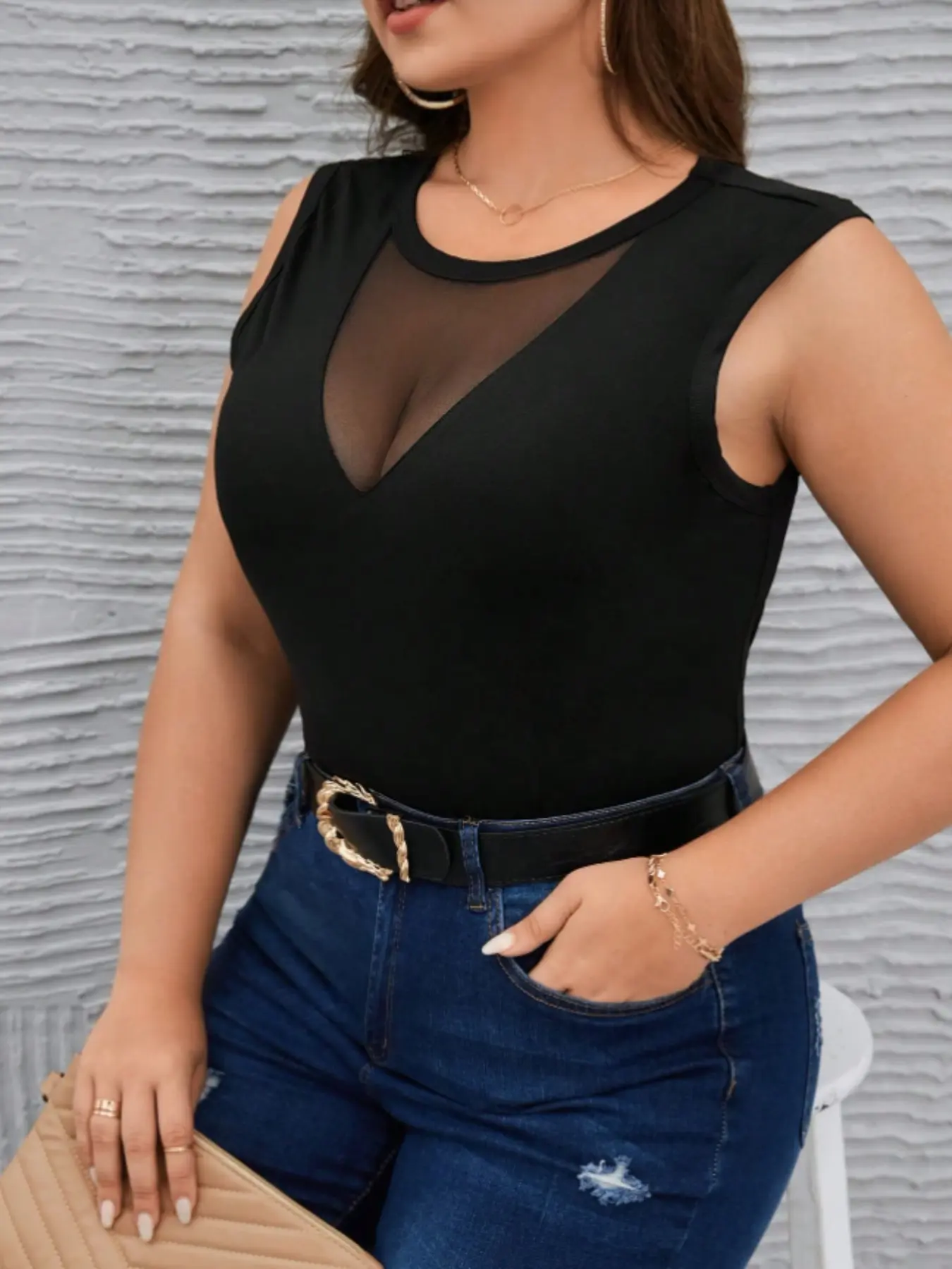 Women's Plus Size Mesh See-Through Bodysuit, Sleeveless V-Neck Top, Slim Fit Evening Wear, Versatile Nightclub